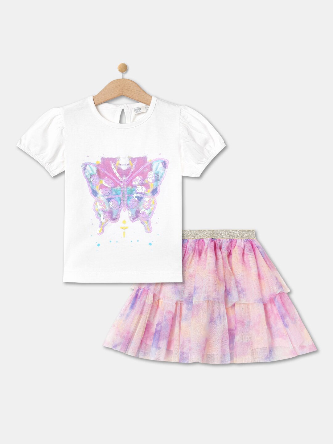 

R&B Girls Embellished Pure Cotton T-shirt With Skirt, White