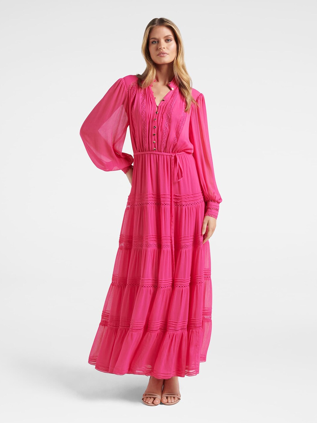 

Forever New Band Collar Tiered Maxi Dress With Belt, Pink