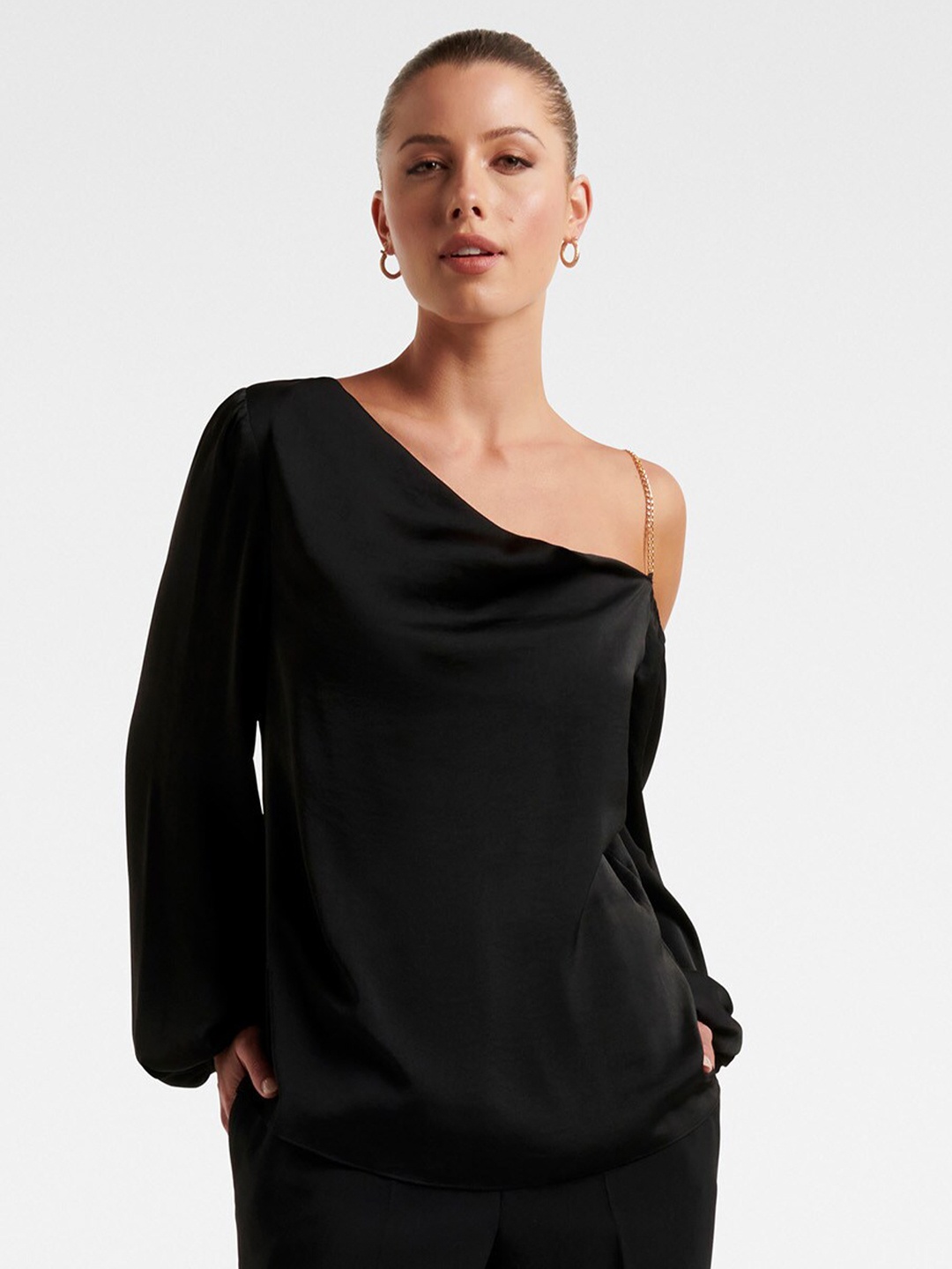 

Forever New One Shoulder Puff Sleeve Satin Top, Black