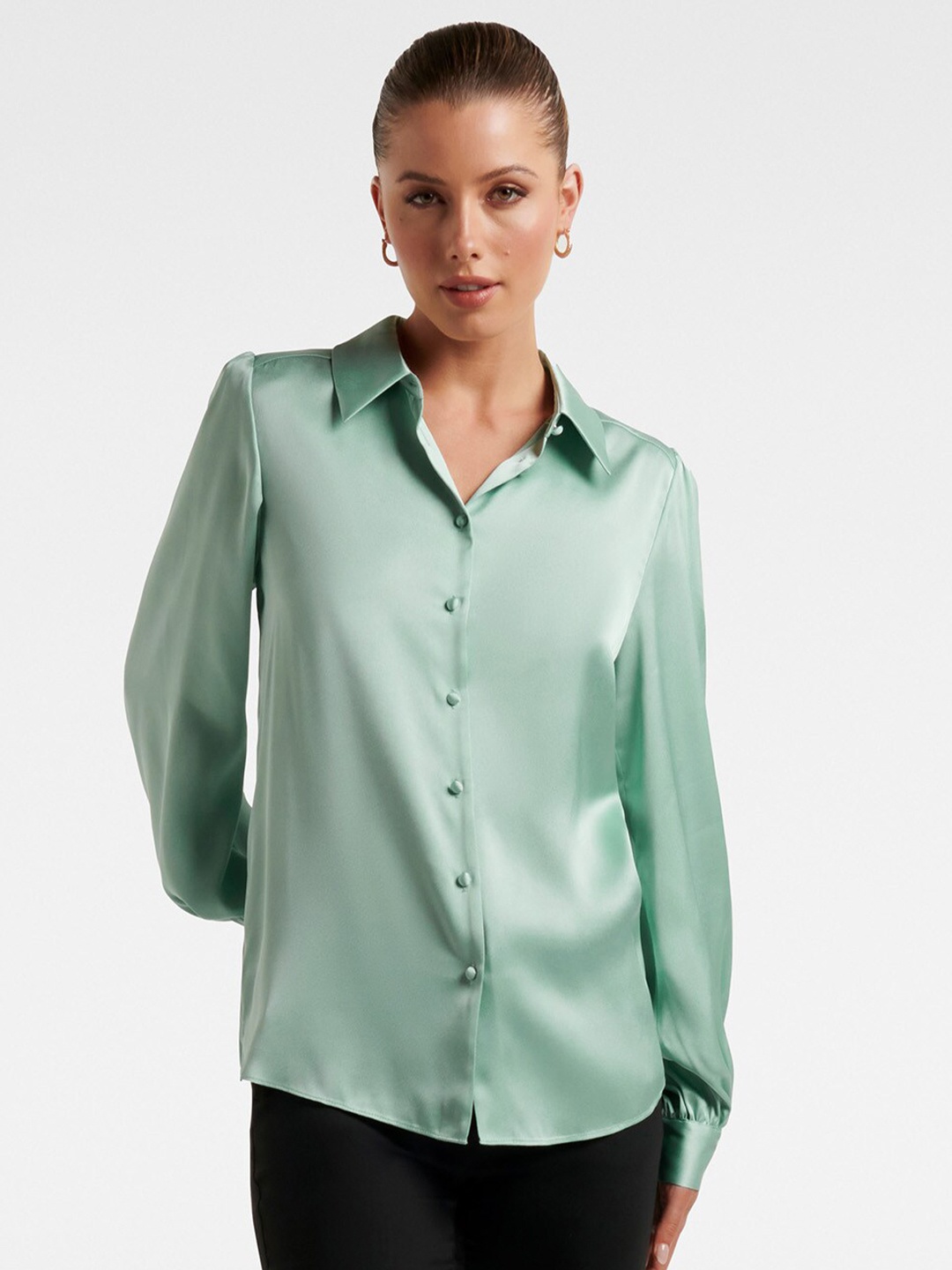 

Forever New Spread Collar Long Puff Sleeves Satin Formal Shirt, Green