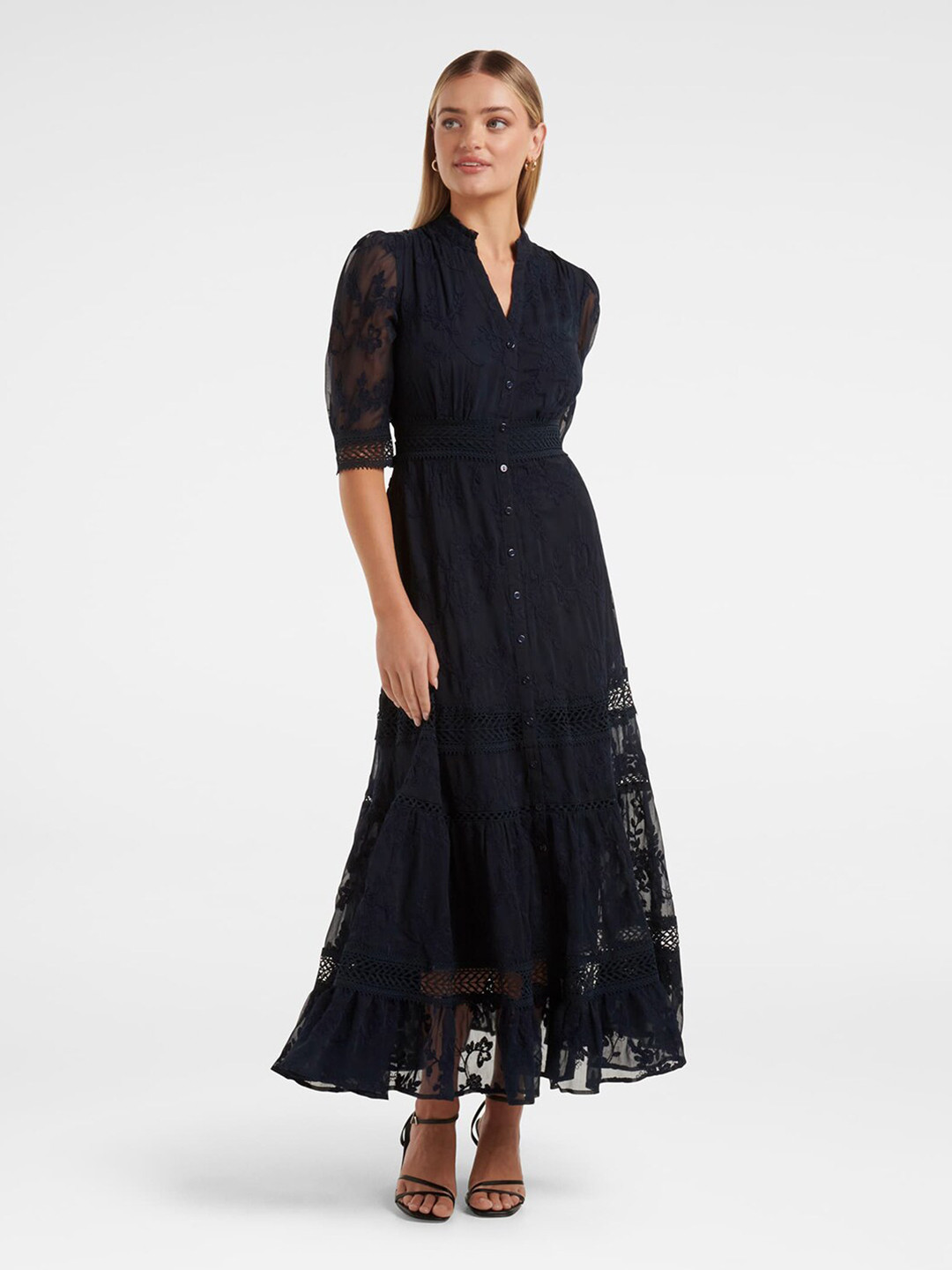 

Forever New Floral Embroidered Band Collar Puff Sleeves Maxi Dress, Navy blue