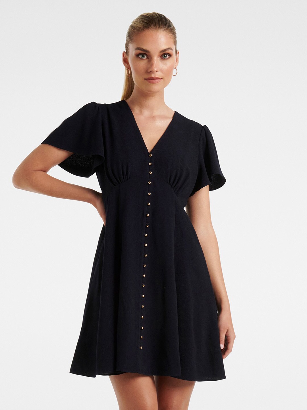 

Forever New V-Neck Flared Sleeve Mini A-Line Dress, Black