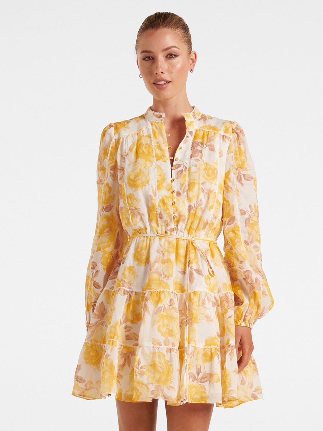 

Forever New Band Collar Floral Printed Tiered A-Line Mini Dress With Belt, Yellow