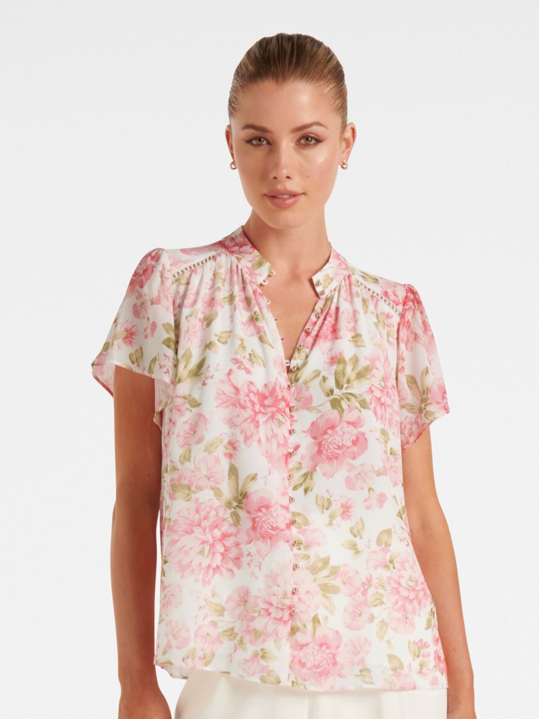 

Forever New Floral Printed Mandarin Collar Flutter Sleeves Top, White