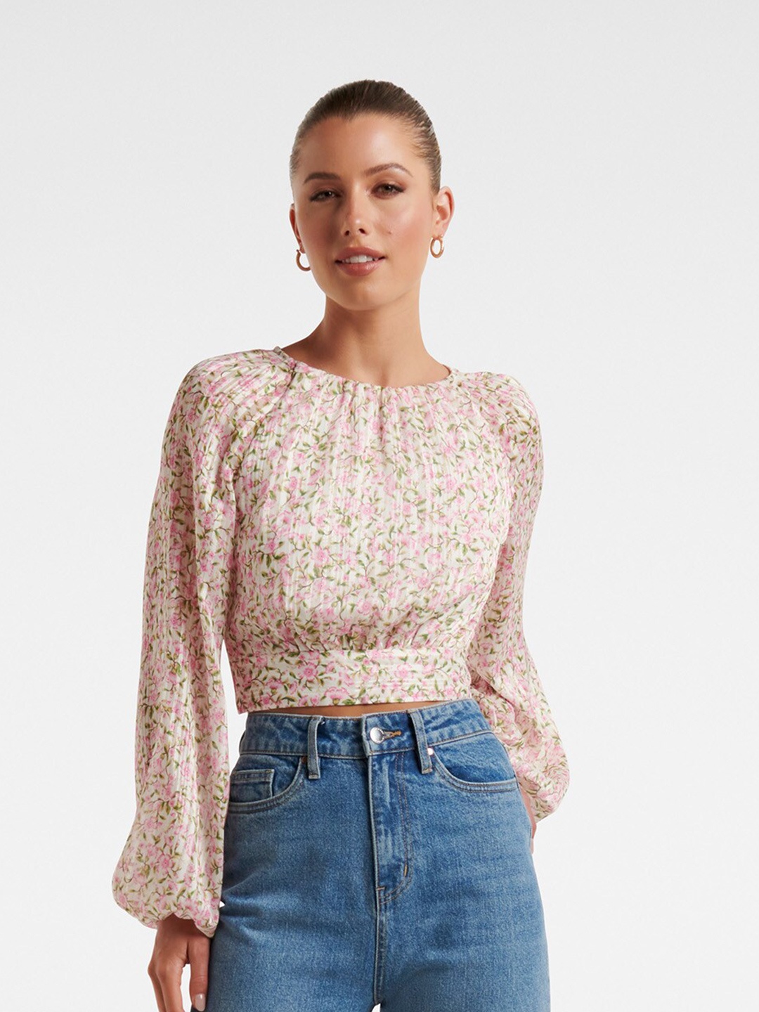 

Forever New Floral Printed Puff Sleeve Crop Blouson Top, White