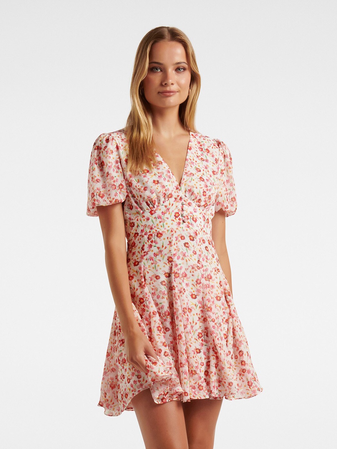 

Forever New V-Neck Floral Printed A-Line Mini Dress, White