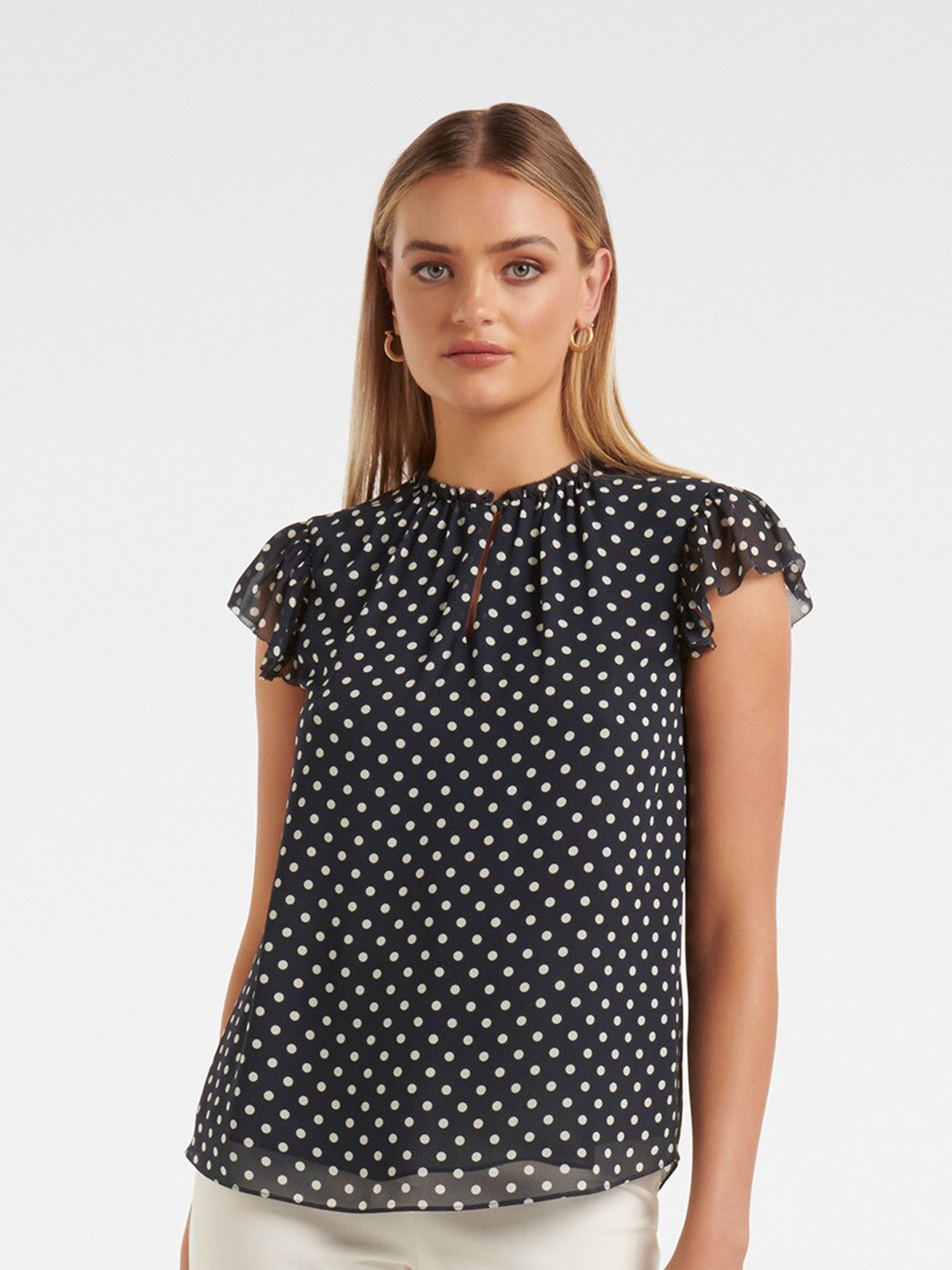 

Forever New Polka Dot Print Flutter Sleeves Top, Black