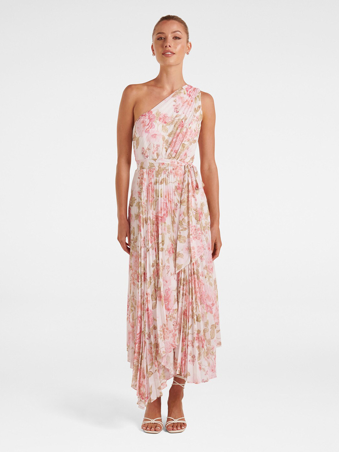 

Forever New One Shoulder Floral Printed Accordion Pleats Midi Fit And Flare Dress, White