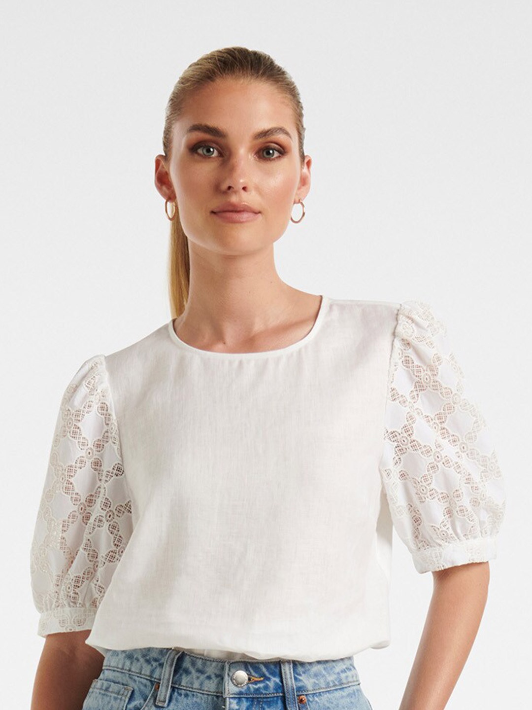 

Forever New Self Design Puff Sleeves Linen Lace Top, White