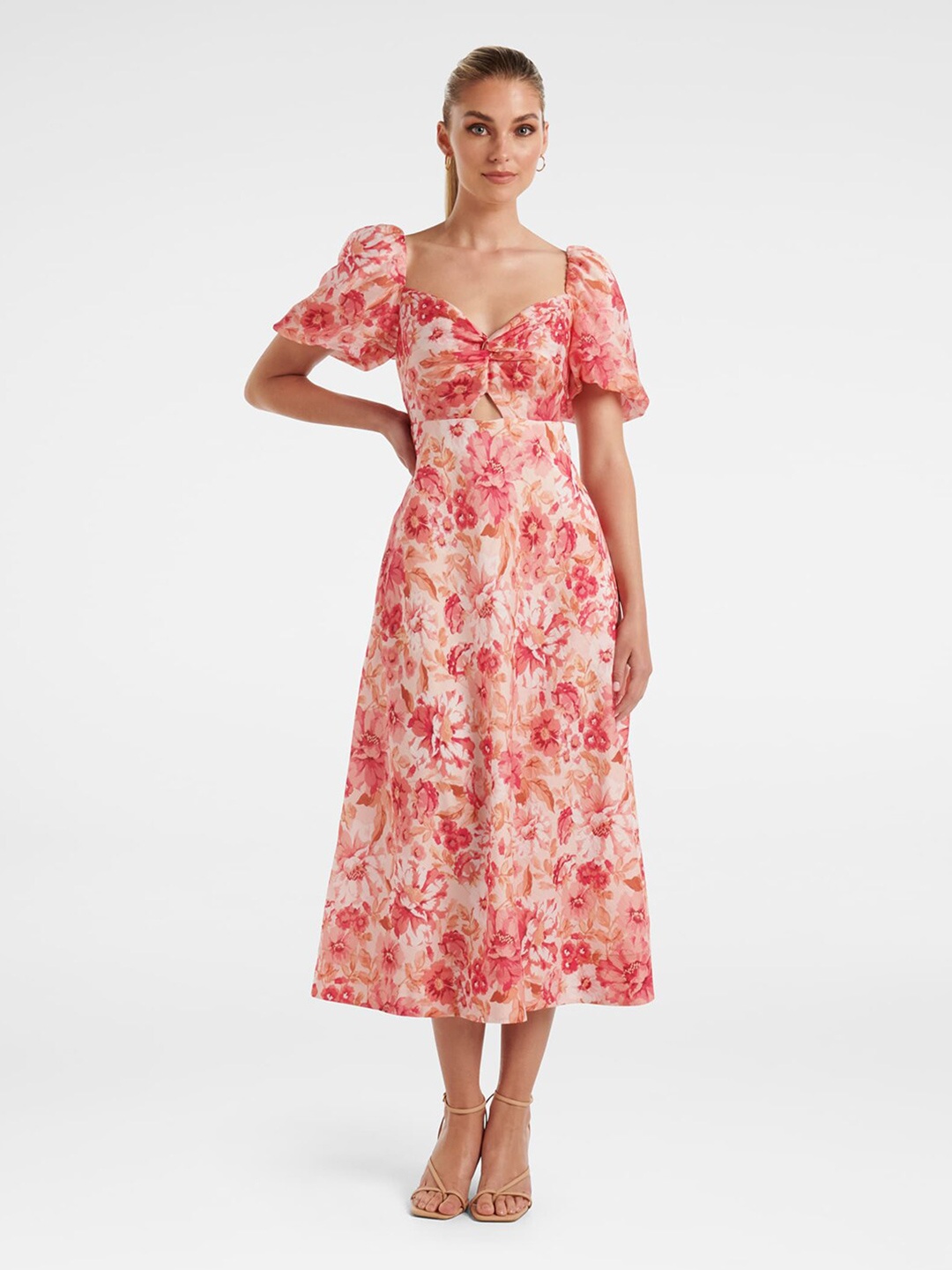 

Forever New Sweetheart Neck Floral Printed A-Line Midi Dress, Off white