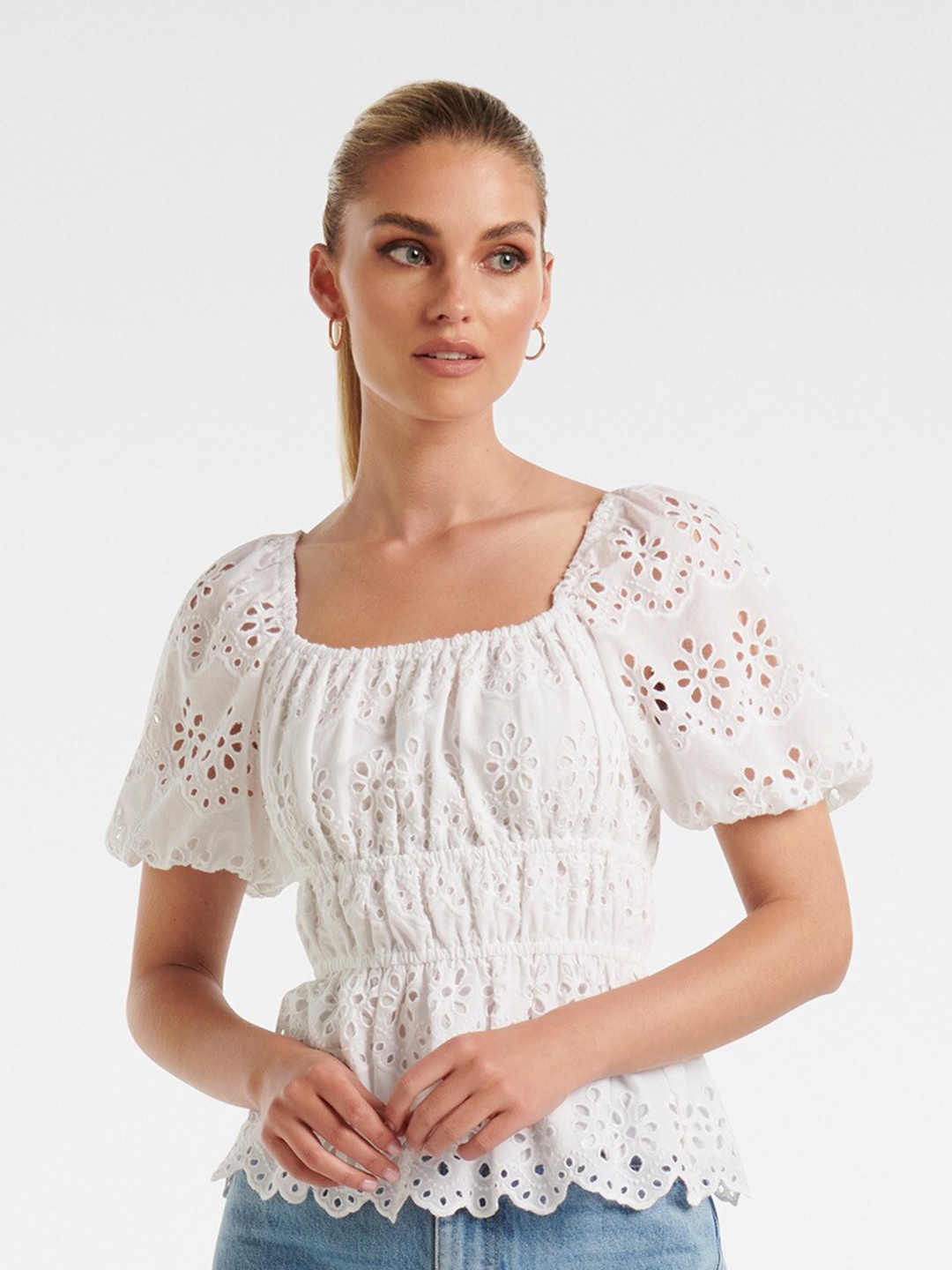 

Forever New Square Neck Puff Sleeve Pure Cotton Schiffli Top, White