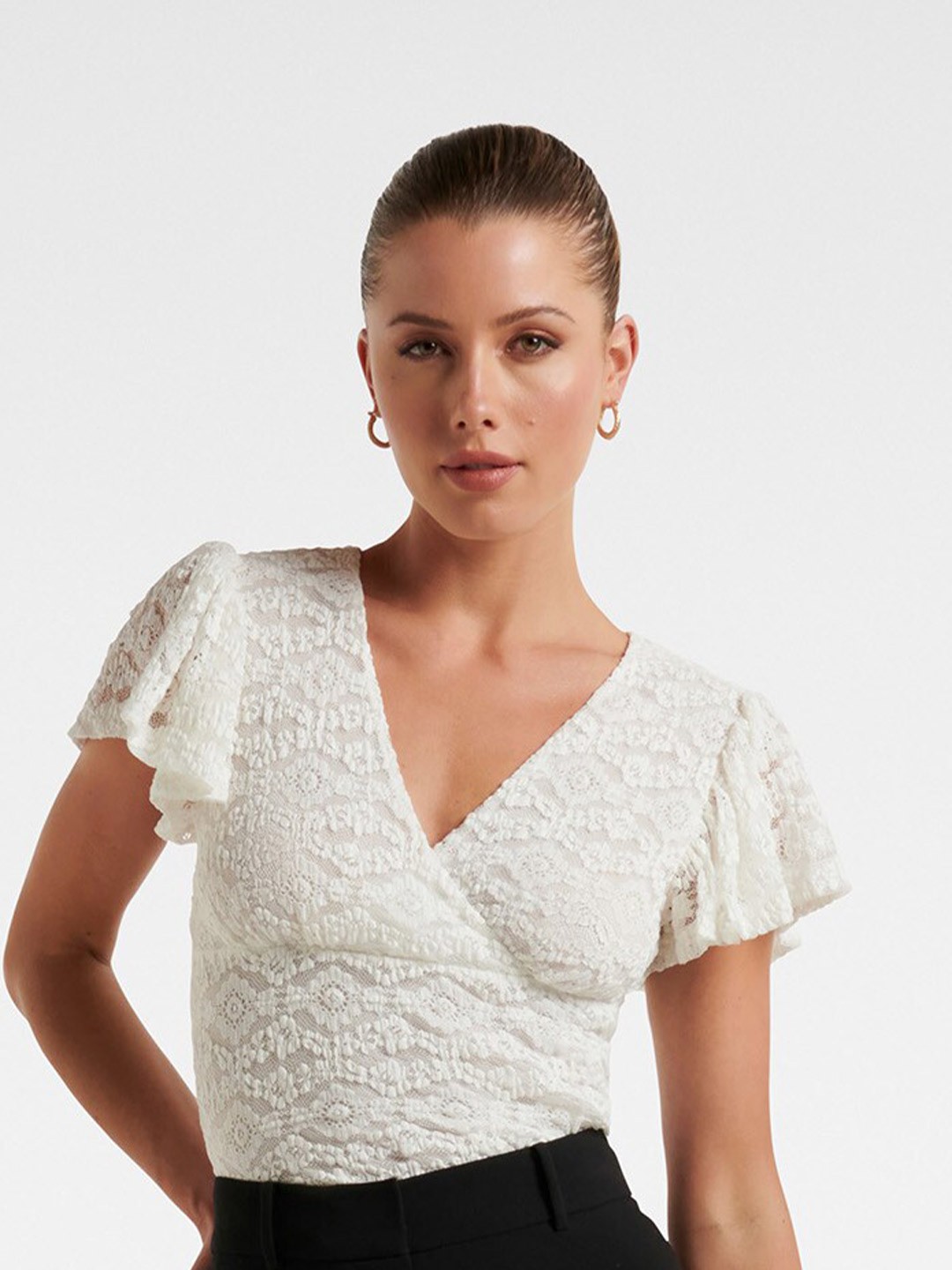 

Forever New Self Design V-Neck Flutter Sleeve Lace Wrap Top, White