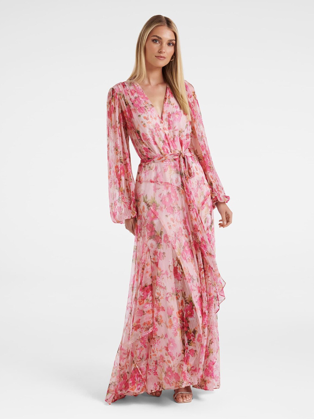 

Forever New V-Neck Floral Printed Maxi Dress With Belt, Pink