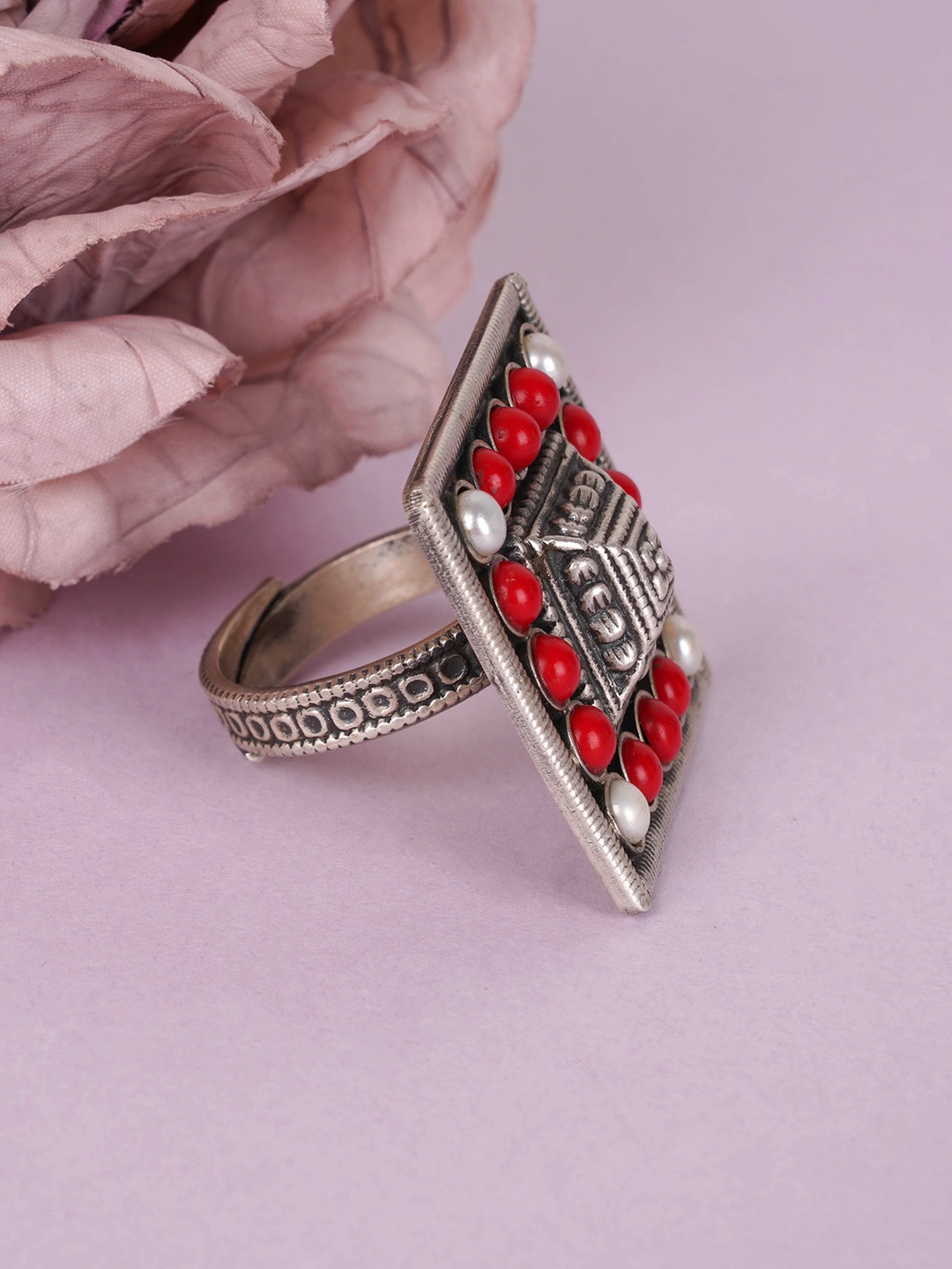 

Shyle 925 Sterling Silver Oxidized Stone-Studded Adjustable Finger Ring