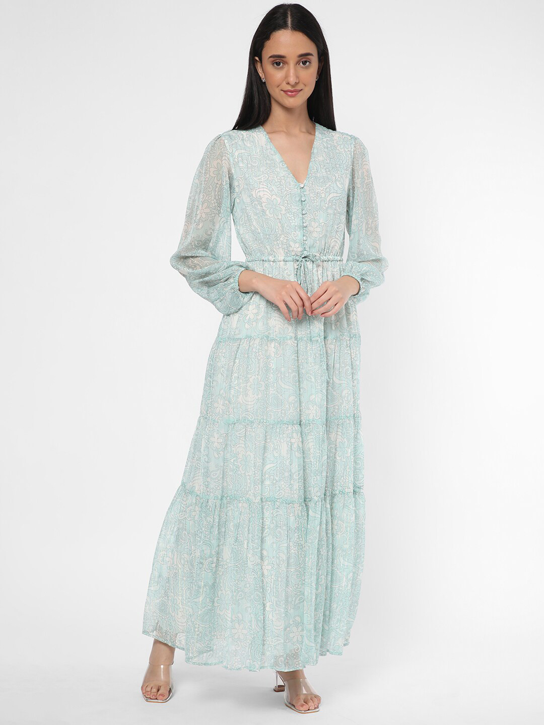 

R&B V-Neck Floral Printed Tiered Maxi Dress, Blue