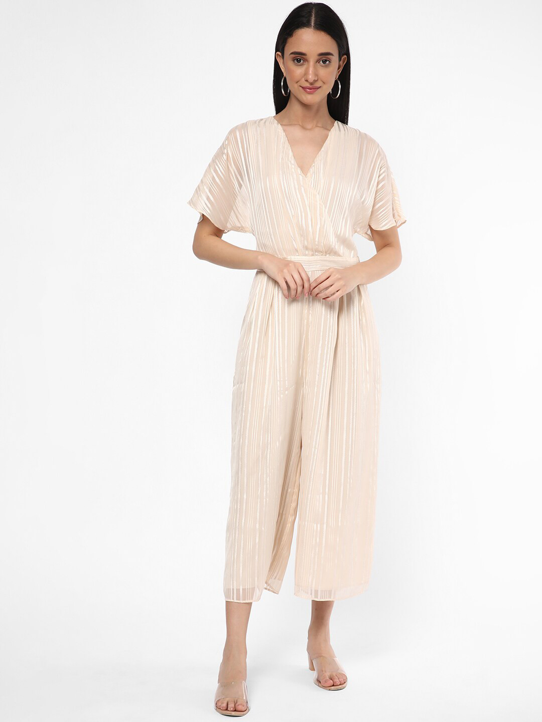 

R&B Beige Striped Extended Sleeves Basic Jumpsuit