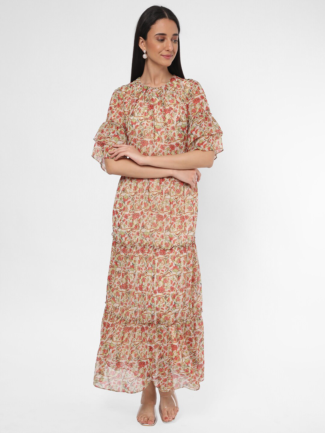 

R&B Round Neck Floral Printed Layered Sleeve Tiered Maxi Dress, Off white