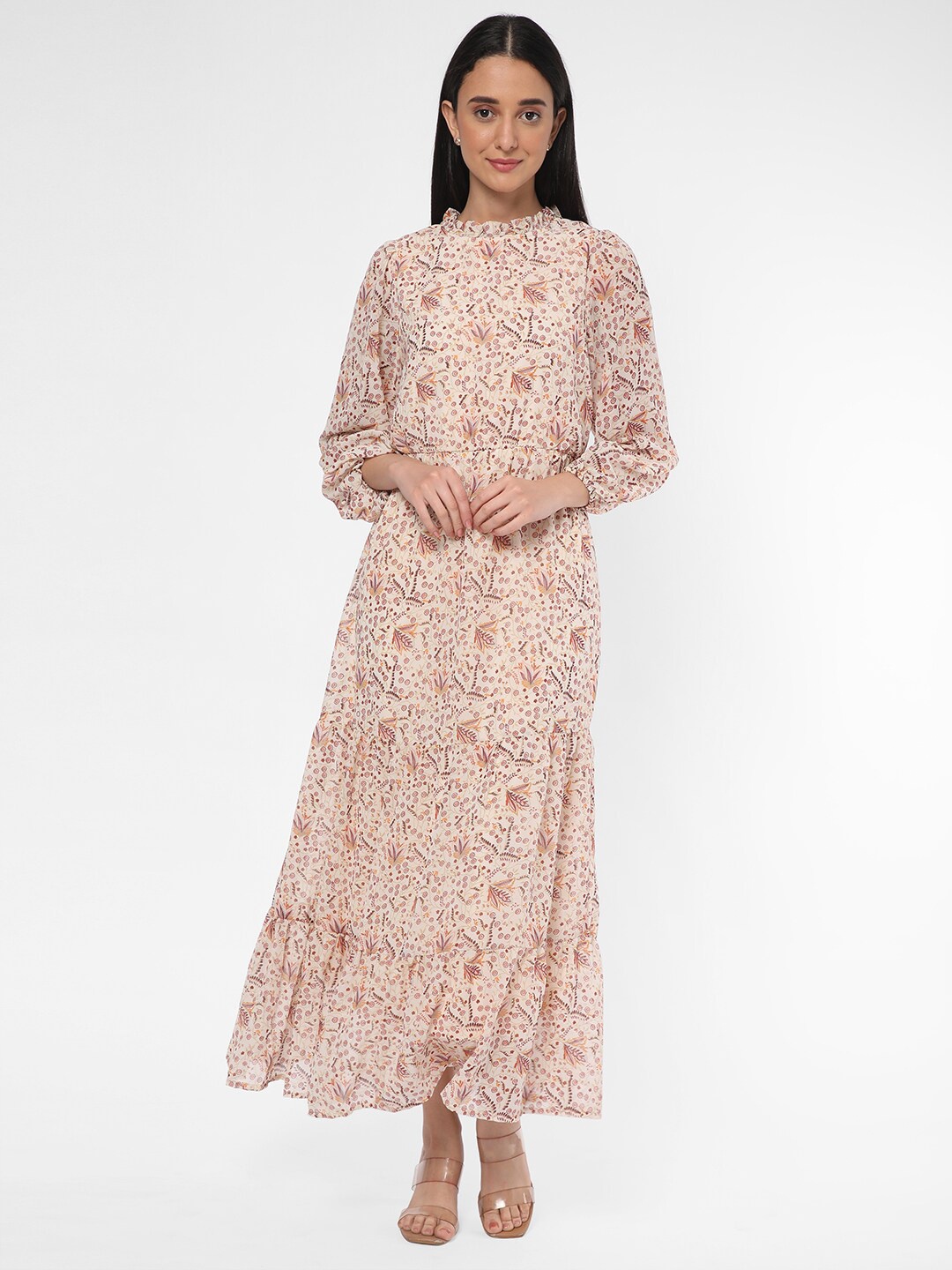 

R&B Round Neck Floral Printed Maxi Dress, Beige