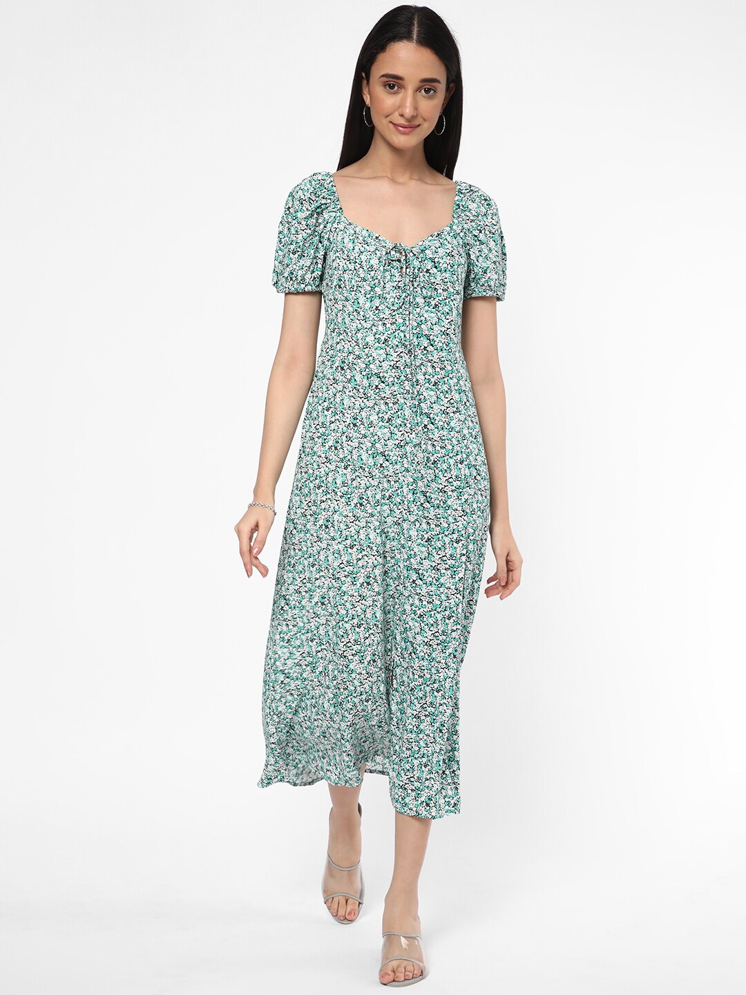 

R&B Tie Up Neck Floral Printed A-Line Midi Dress, Green