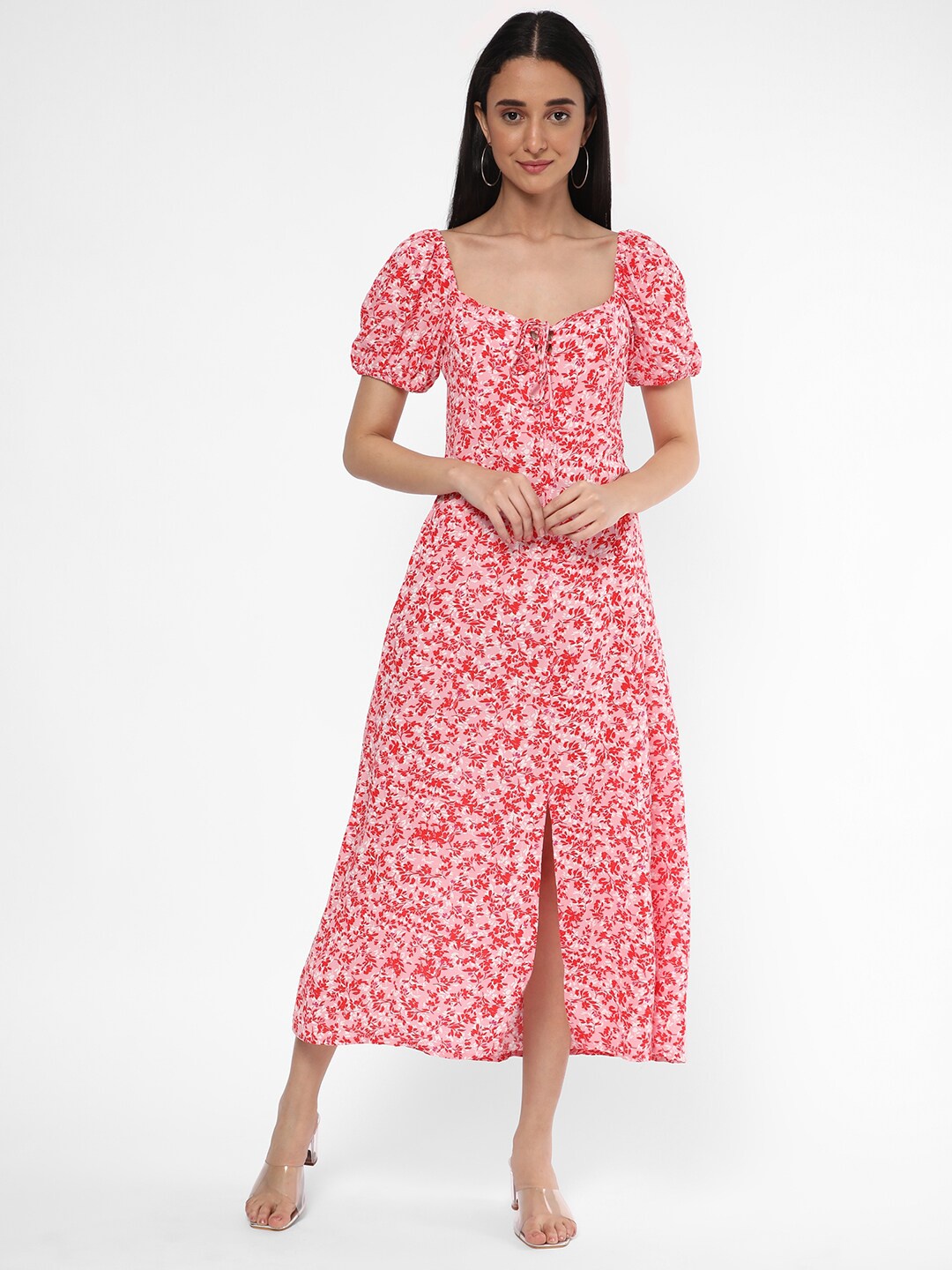 

R&B Floral Printed Puff Sleeve A-Line Midi Dress, Pink