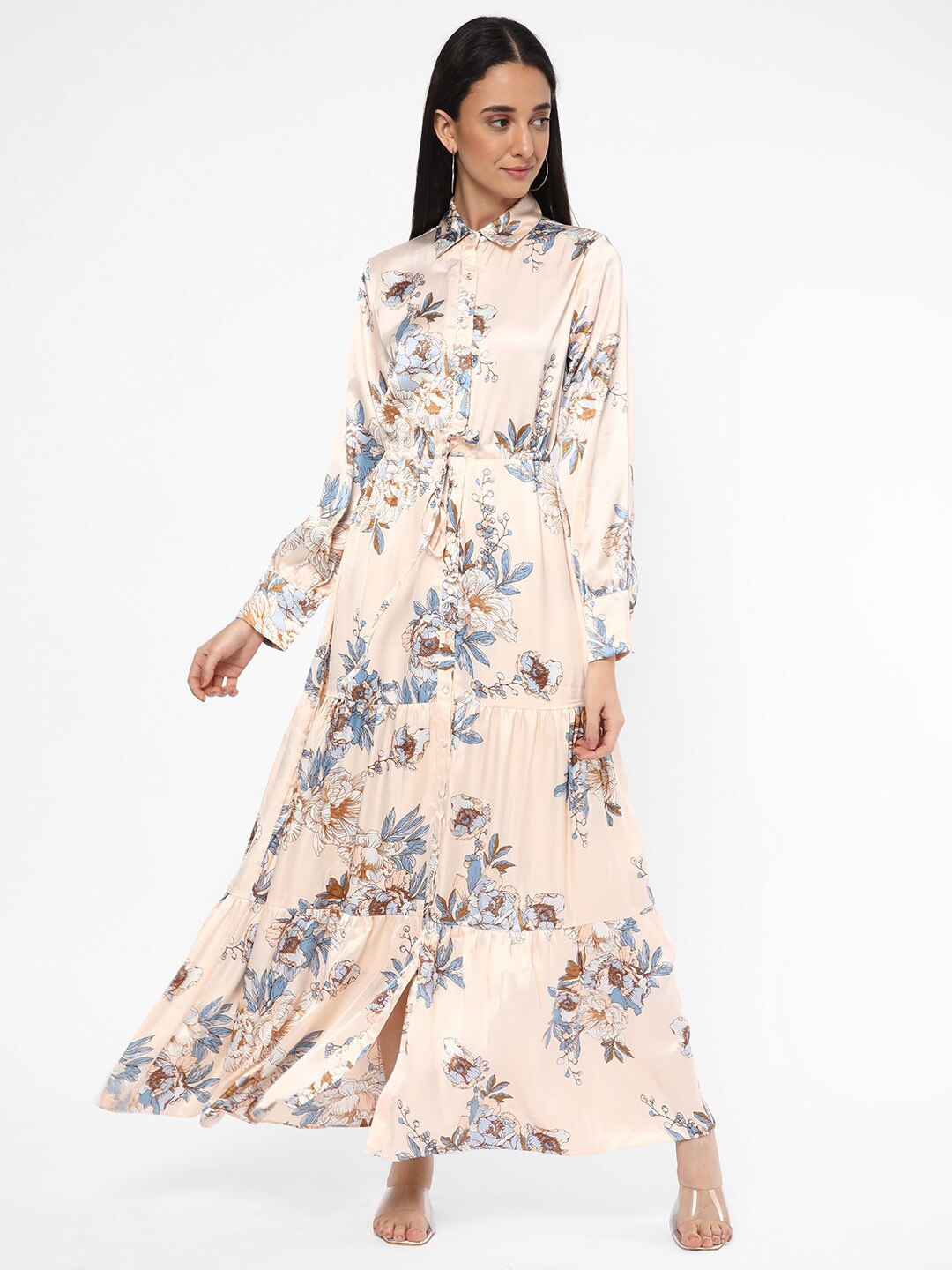 

R&B Shirt Collar Floral Printed Tie Up Tiered Shirt Maxi Dress, Beige