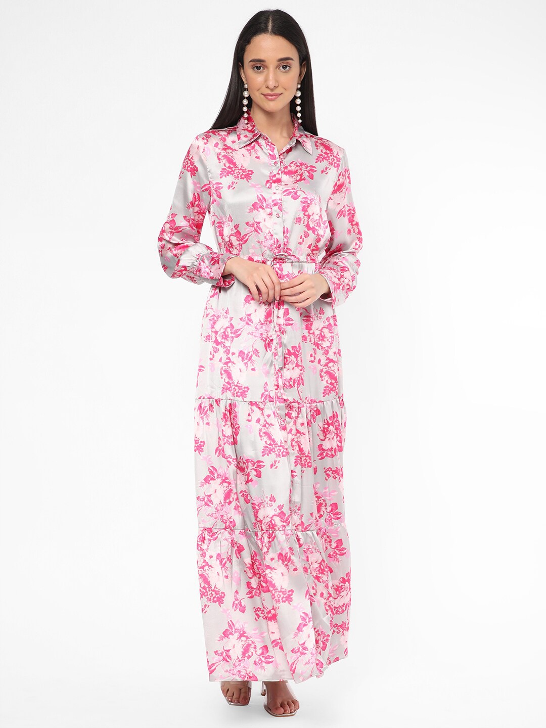 

R&B Shirt Collar Floral Printed Tie Up Tiered Shirt Maxi Dress, White