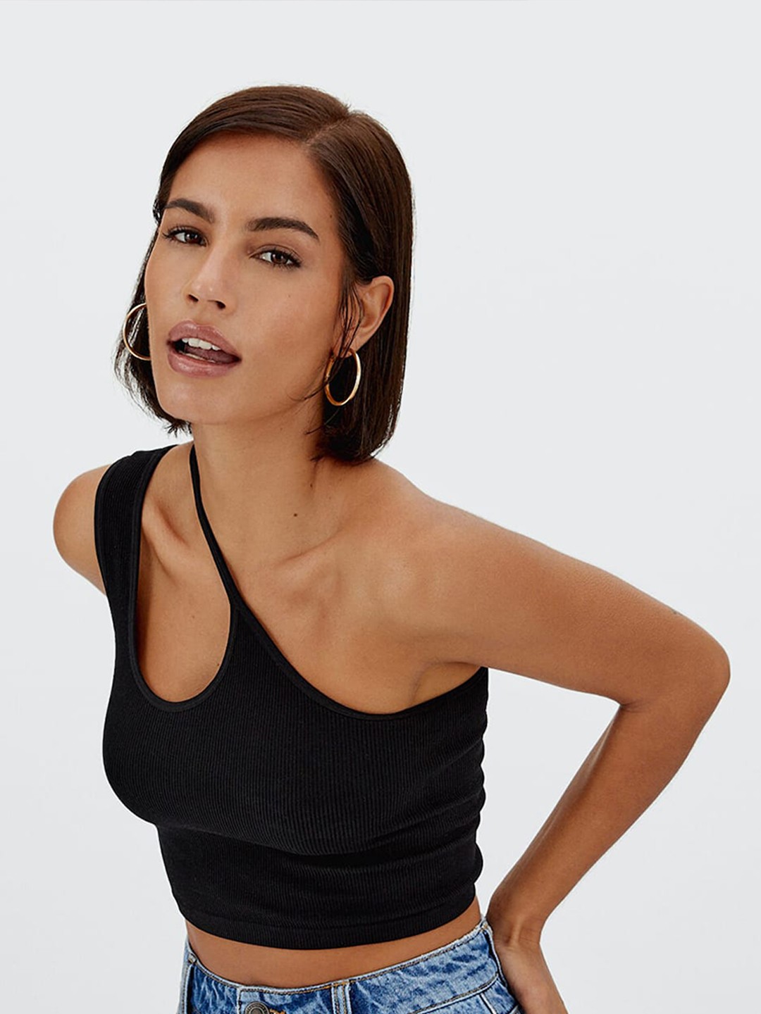 

MYWISHBAG One Shoulder Knitted Crop Top, Black