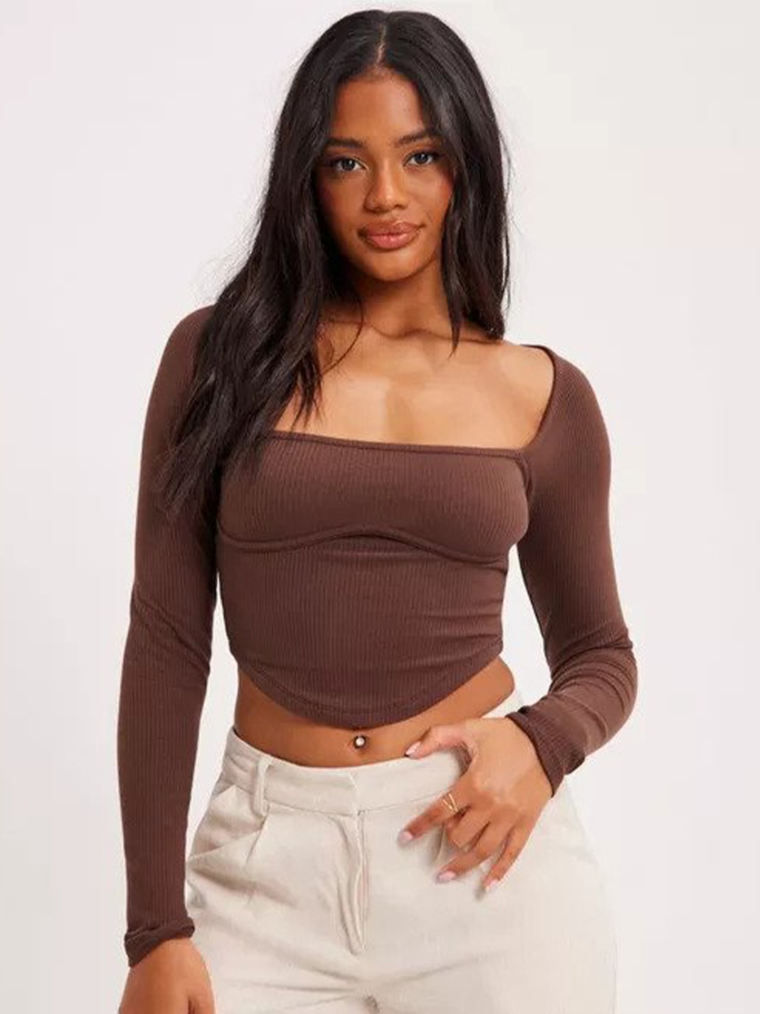 

MYWISHBAG Square Neck Long Sleeves Corset Rib Top, Brown