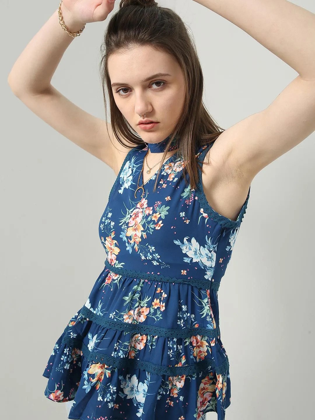 

MYWISHBAG Floral Printed Choker Neck Peplum Top, Blue