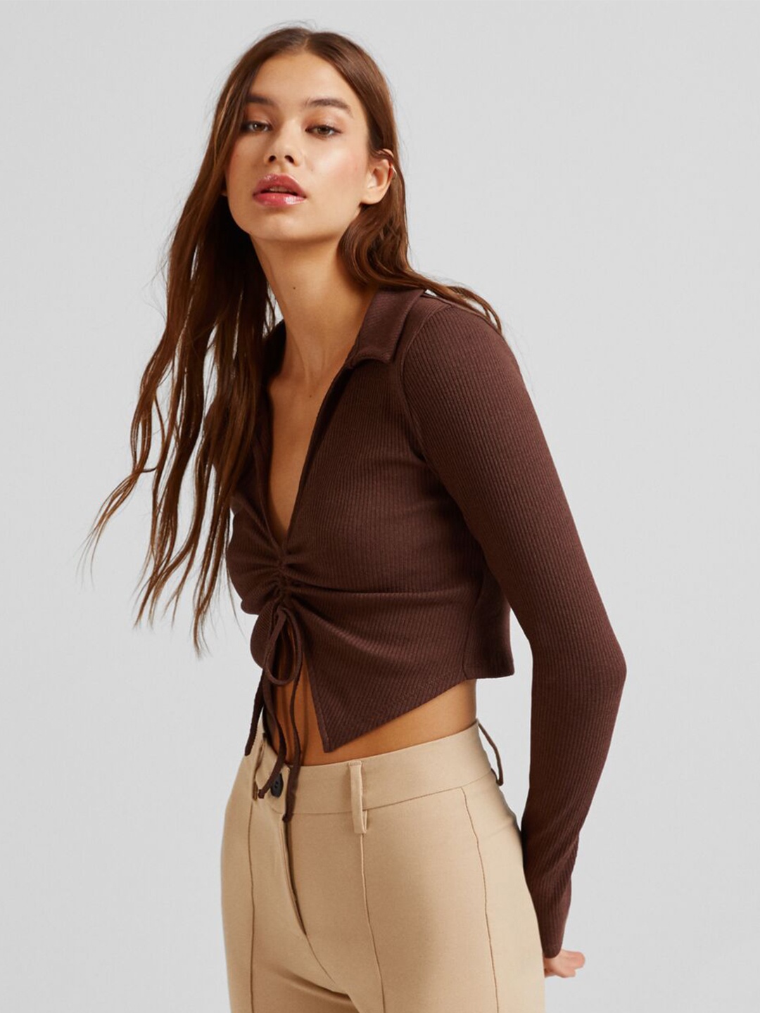 

MYWISHBAG Shirt Collar Ruched Crop Top, Brown