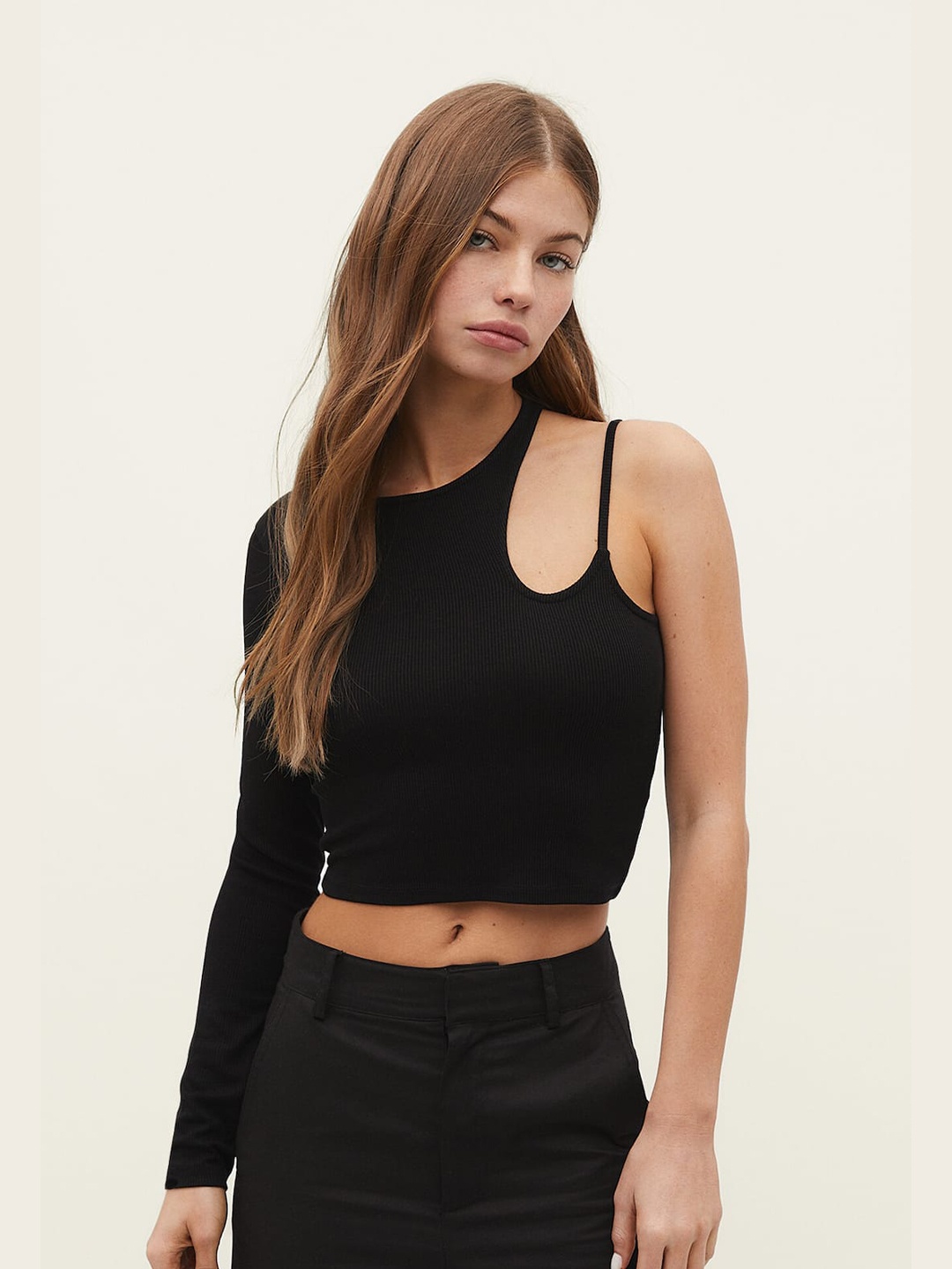 

MYWISHBAG One shoulder Long Sleeve Rib Crop Top, Black