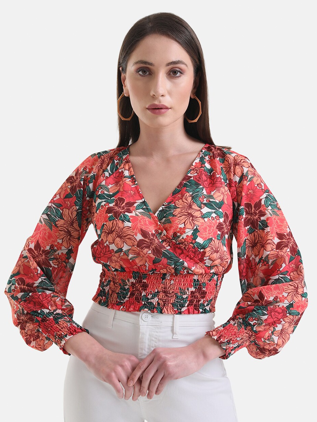 

Kazo Floral Printed V-Neck Puff Sleeves Smocked Blouson Crop Top, Peach