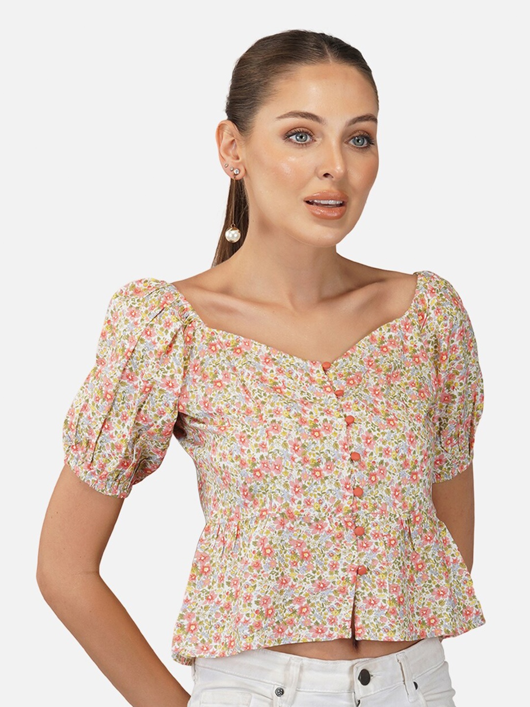 

Porsorte Floral Printed V-Neck Puff Sleeve Top, Off white