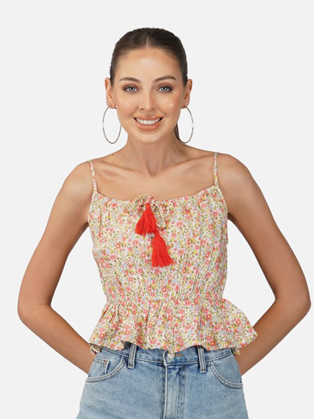 

Porsorte Floral Printed Tie Up Sleeveless Casual Top, White