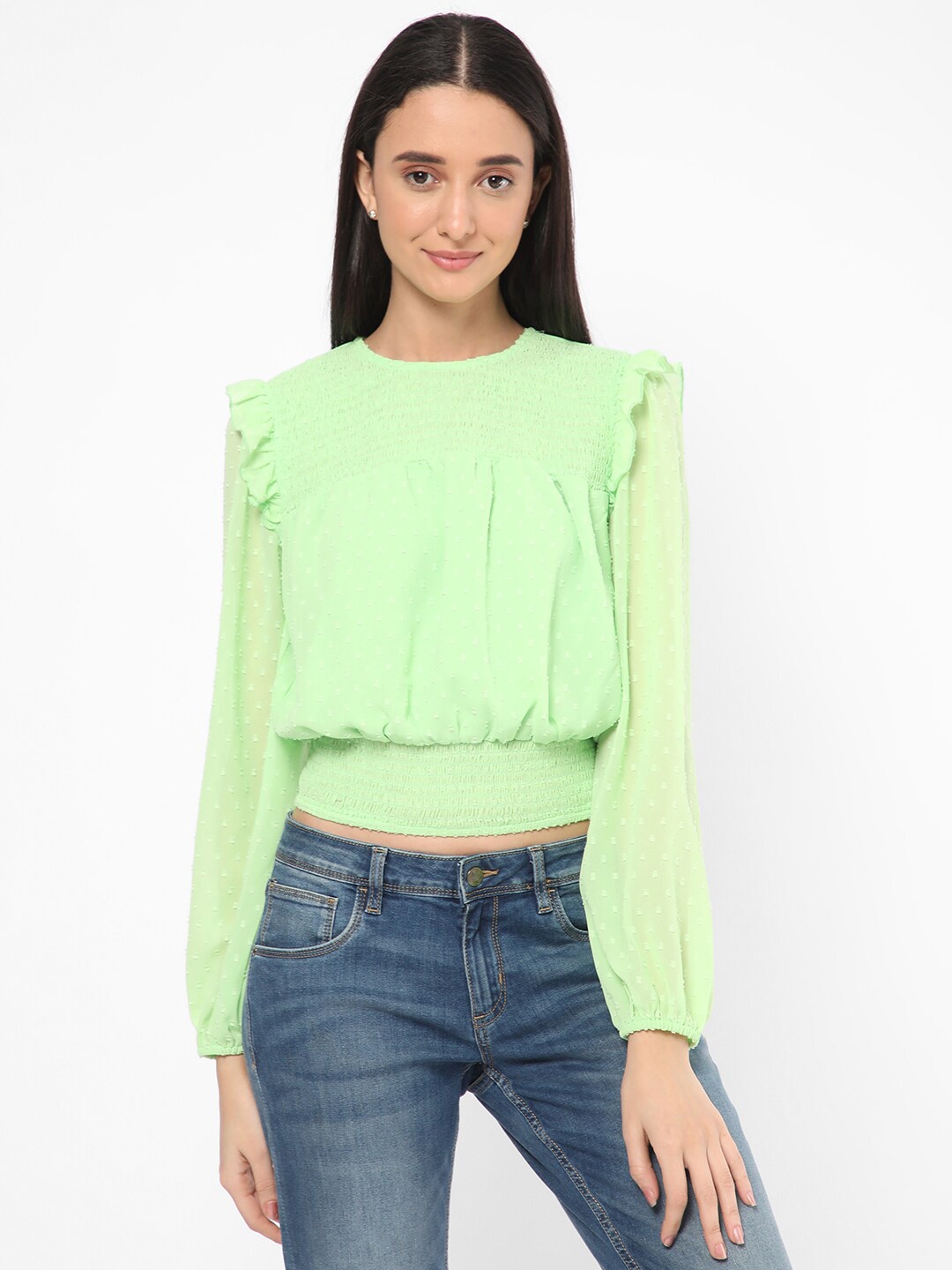 

R&B Self Design Puff Sleeves Smocked Blouson Crop Top, Green