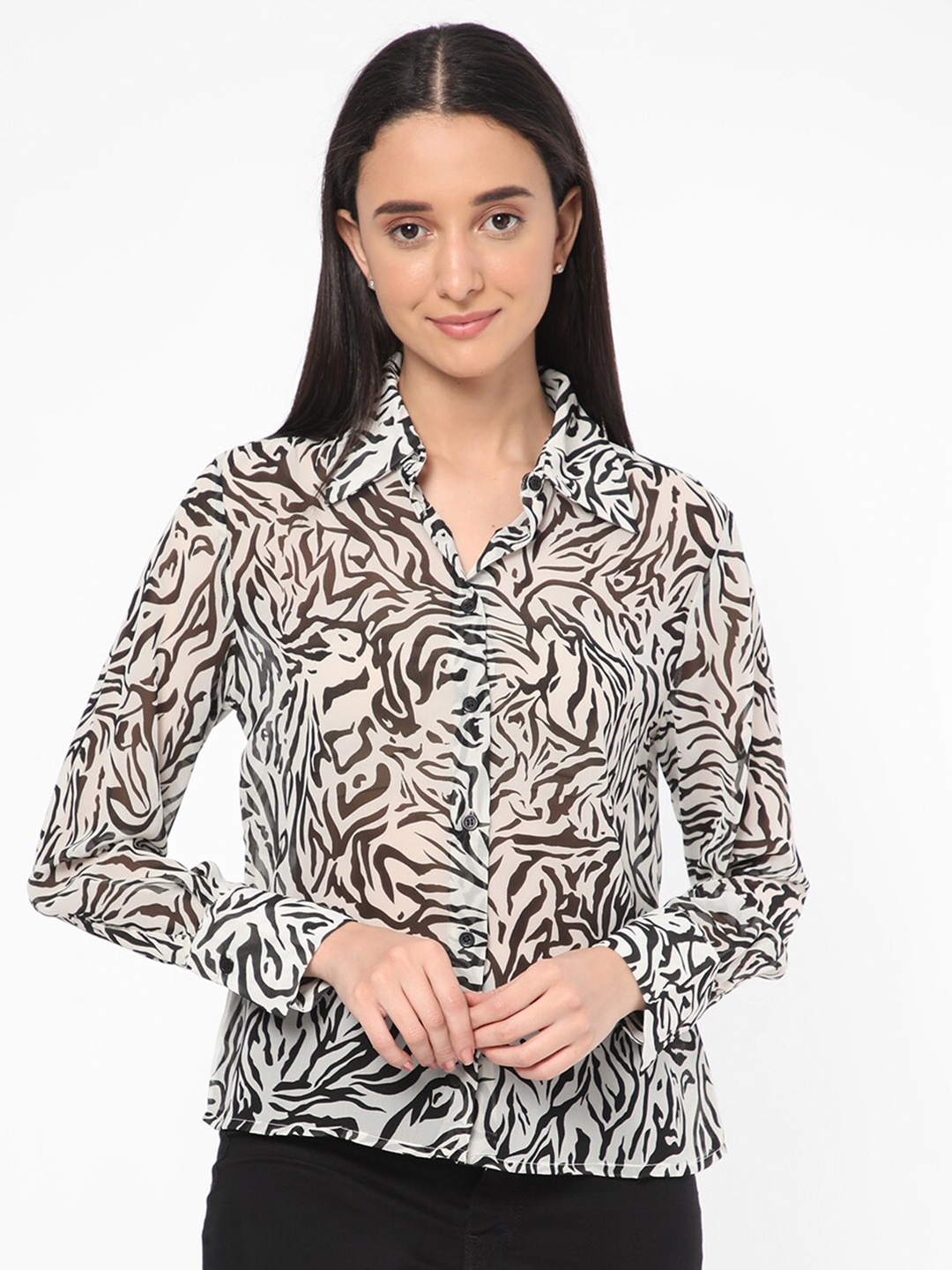 

R&B Animal Printed Cuffed Sleeves Shirt Style Top, White