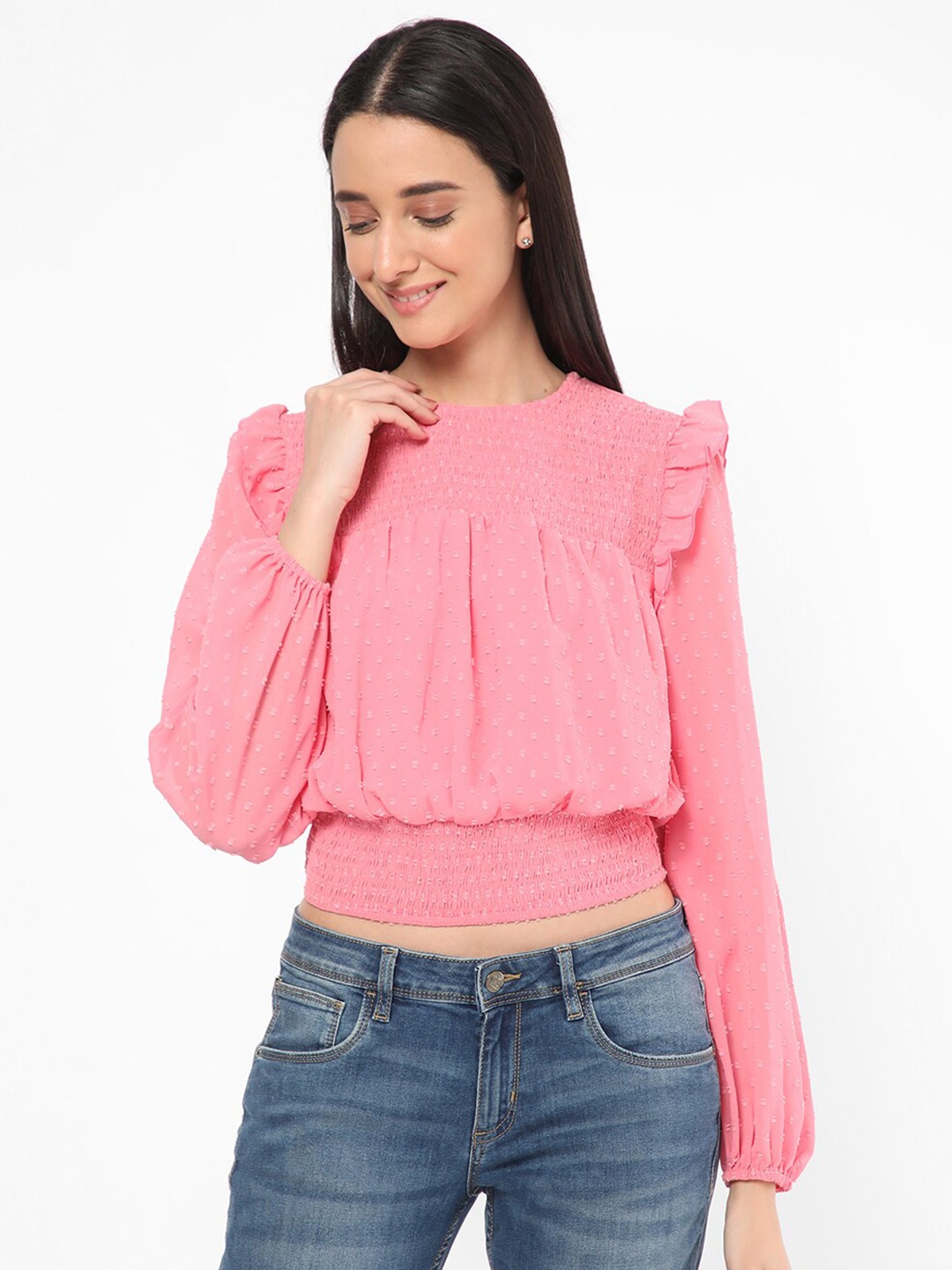 

R&B Self Design Puff Sleeves Smocked Blouson Top, Pink