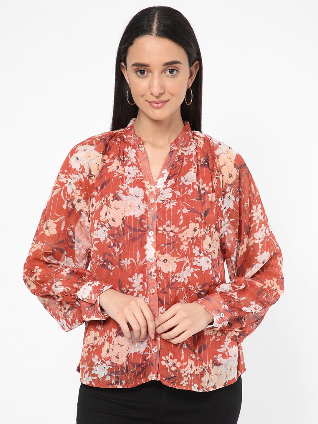

R&B Floral Printed Mandarin Collar Shirt Style Top, Brown