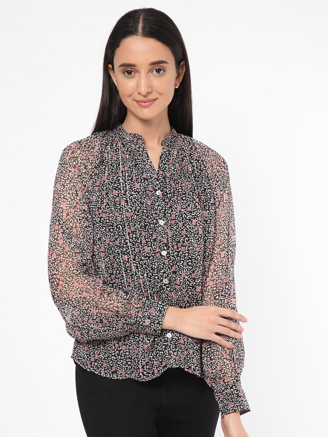 

R&B Floral Printed Mandarin Collar Cuffed Sleeves Shirt Style Top, Black