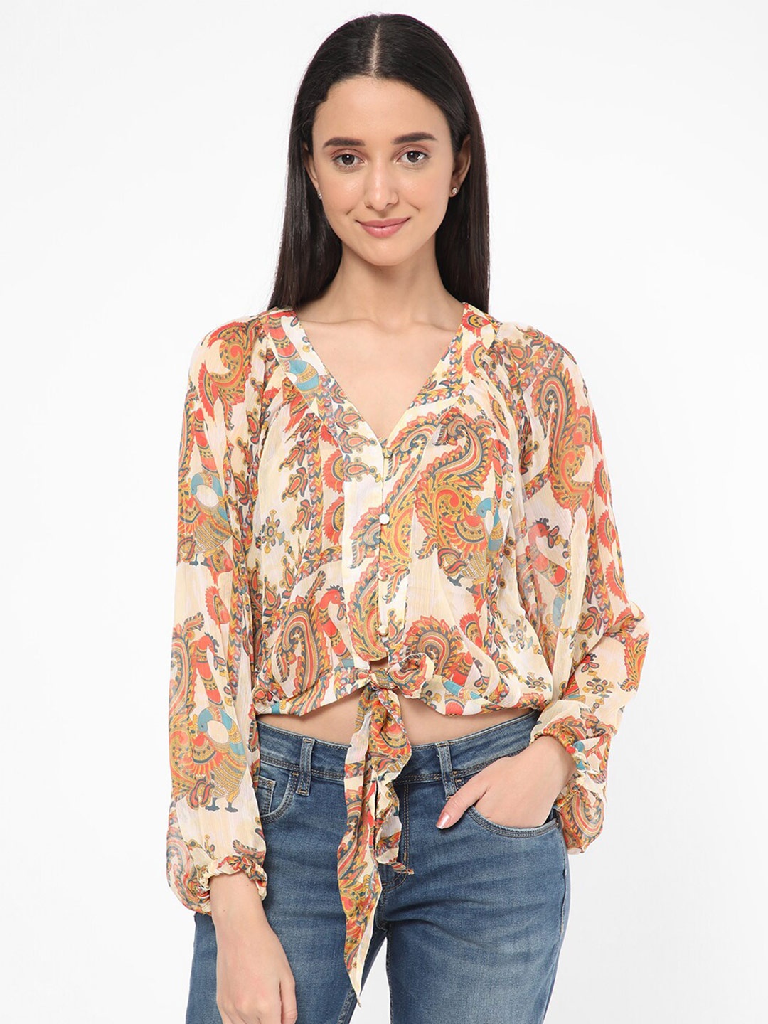 

R&B Printed V-Neck Puffed Sleeves Shirt Style Top, Yellow