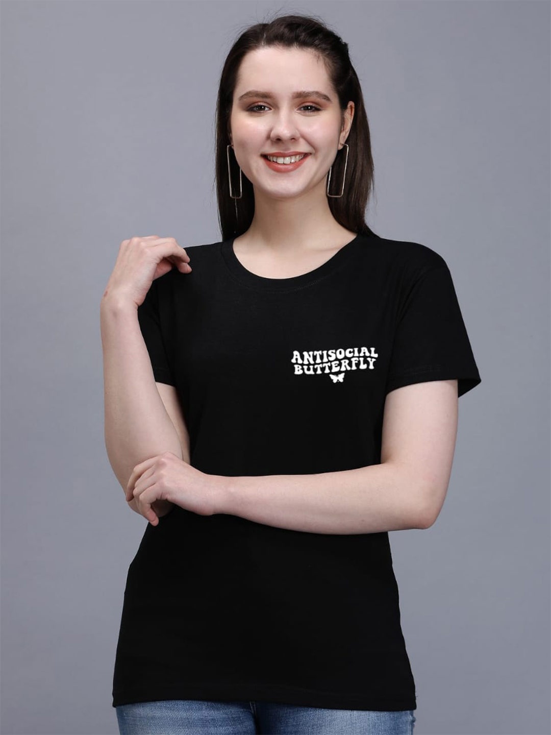 

TRENDY RABBIT Typography Printed Cotton T-shirt, Black