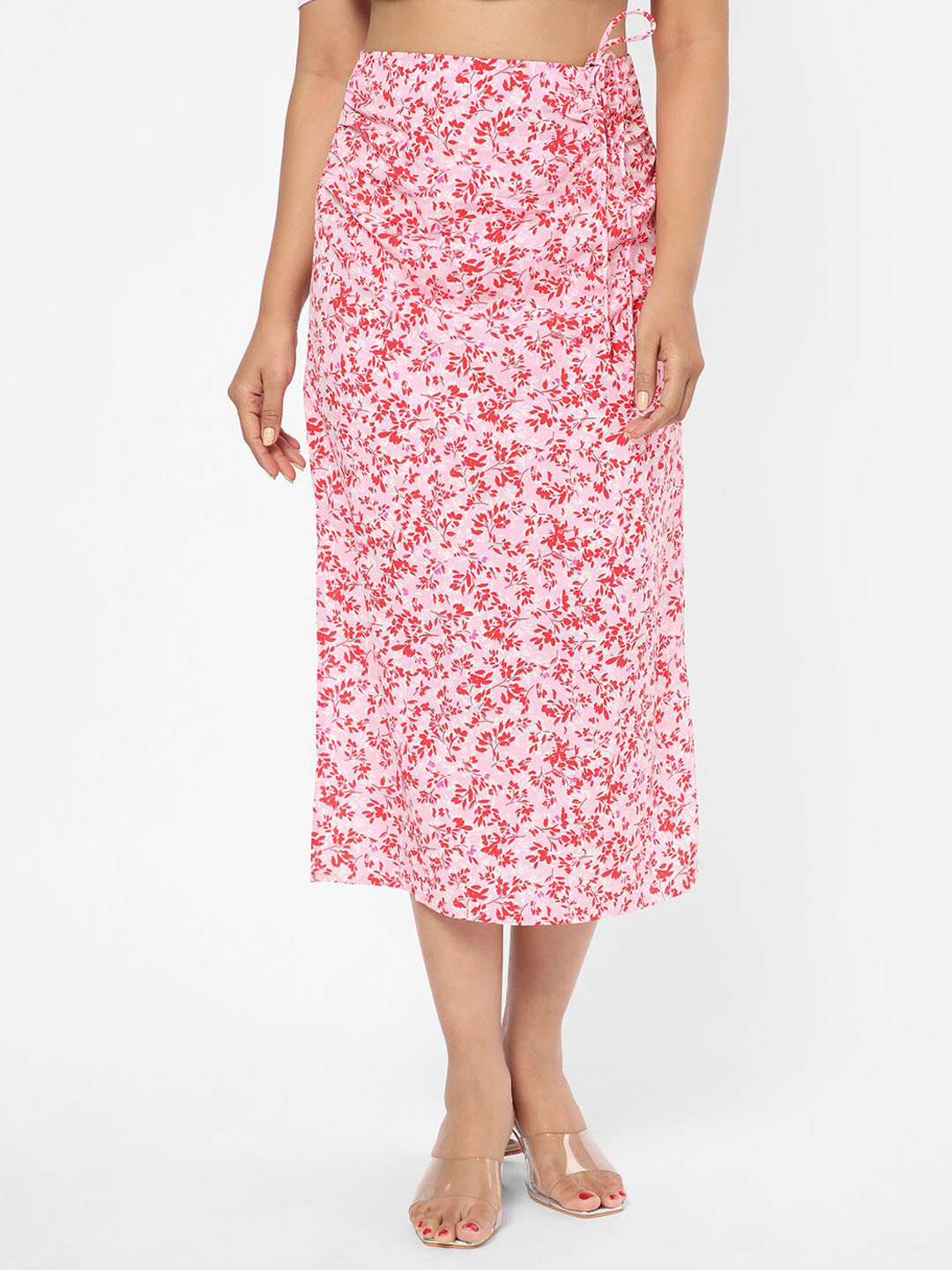 

R&B Floral Printed Midi A-Line Skirts, Pink