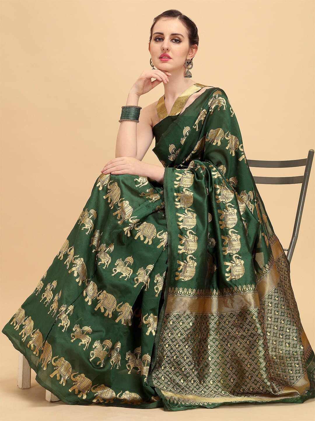 

Sangria Ethnic Motif Woven Design Banarasi Zari Work Saree, Green