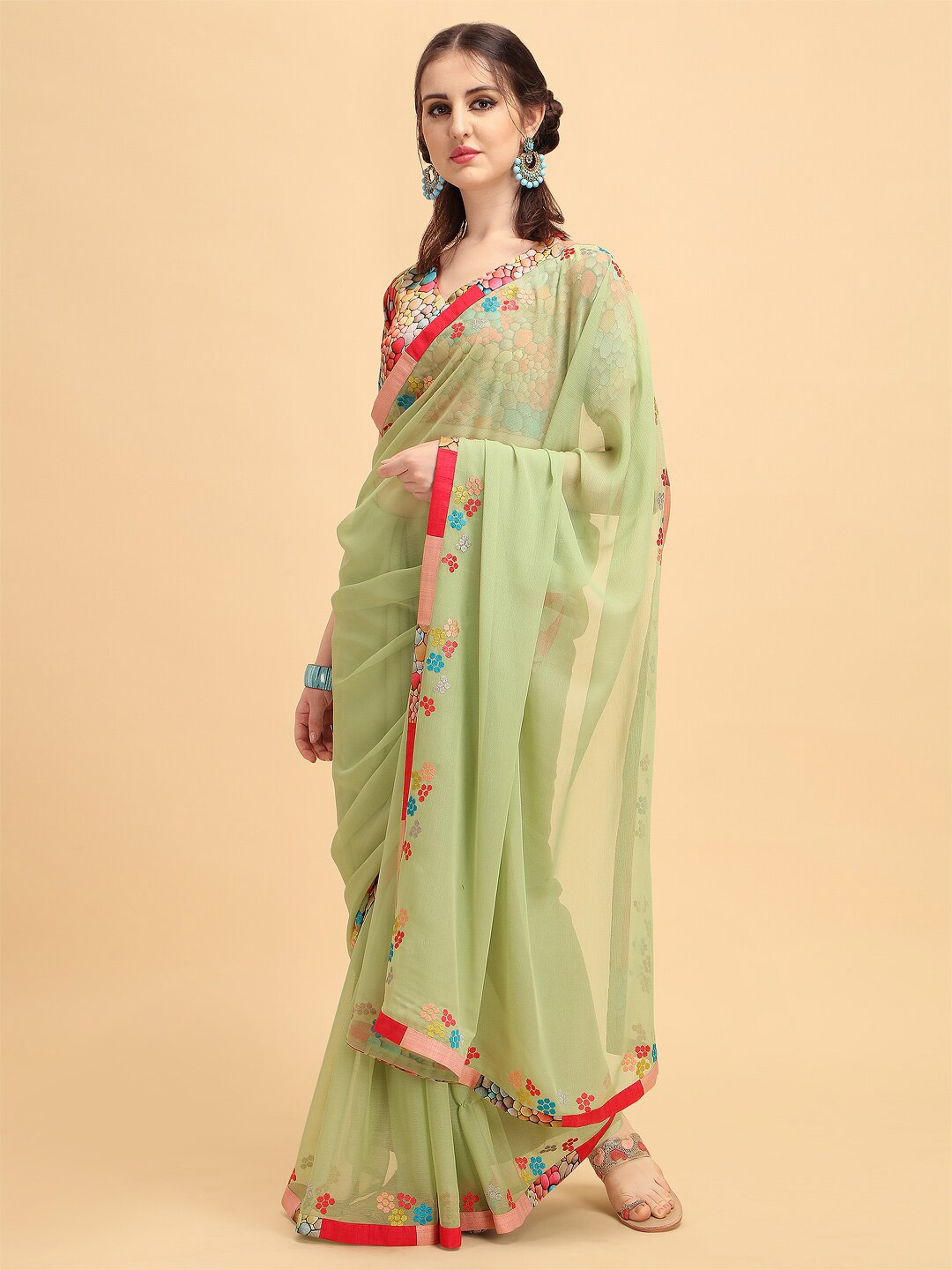 

Sangria Printed Border Detail Pure Georgette Saree With Blouse Piece, Olive