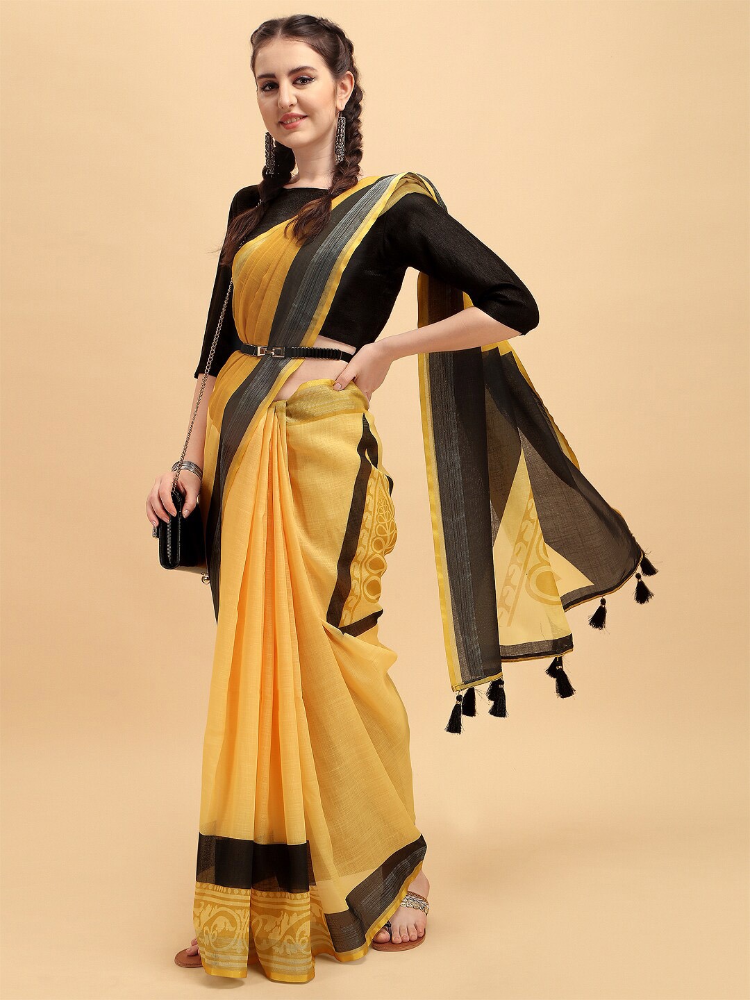 

Sangria Ethnic Motifs Printed Pure Linen Saree With Blouse Piece, Mustard