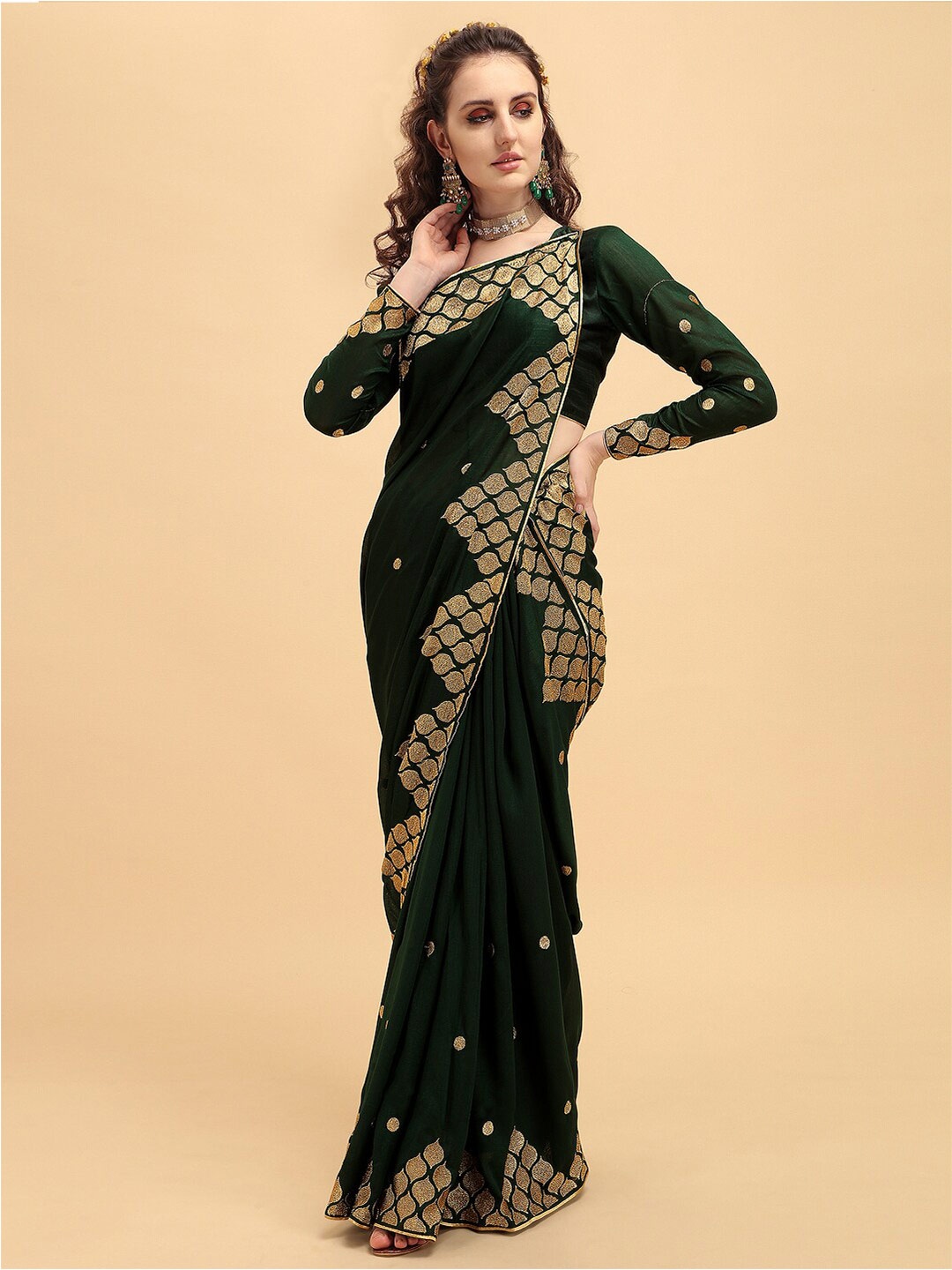 

Sangria Embroidered Saree With Blouse Piece, Olive