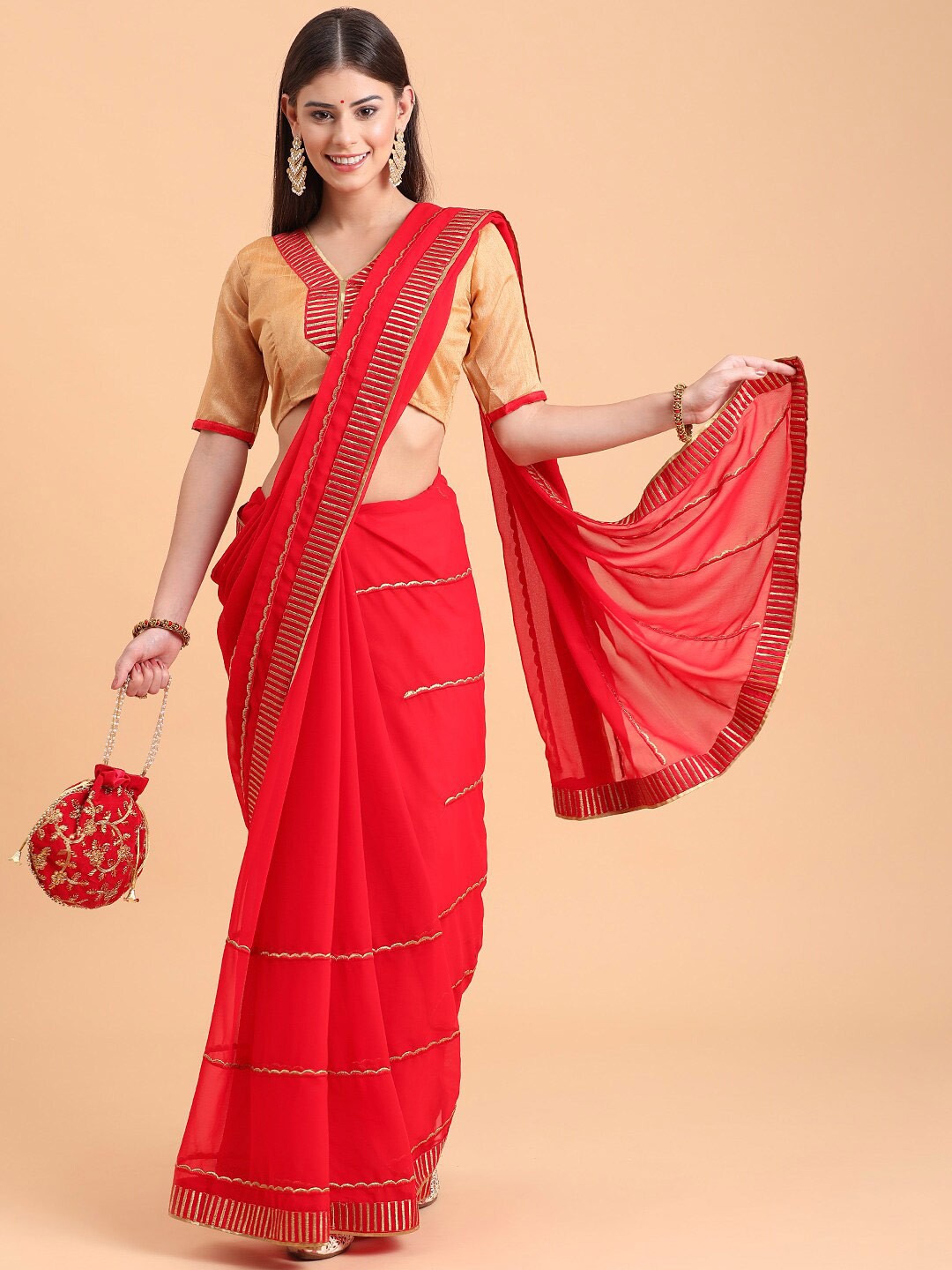 

Sangria Striped Embroidered Pure Georgette Saree, Red
