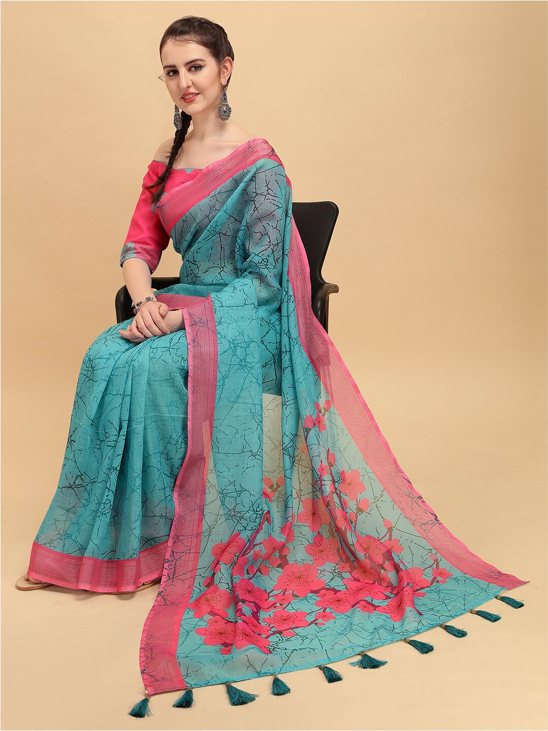 

Sangria Tie and Dye Dyed Pure Linen Saree, Turquoise blue