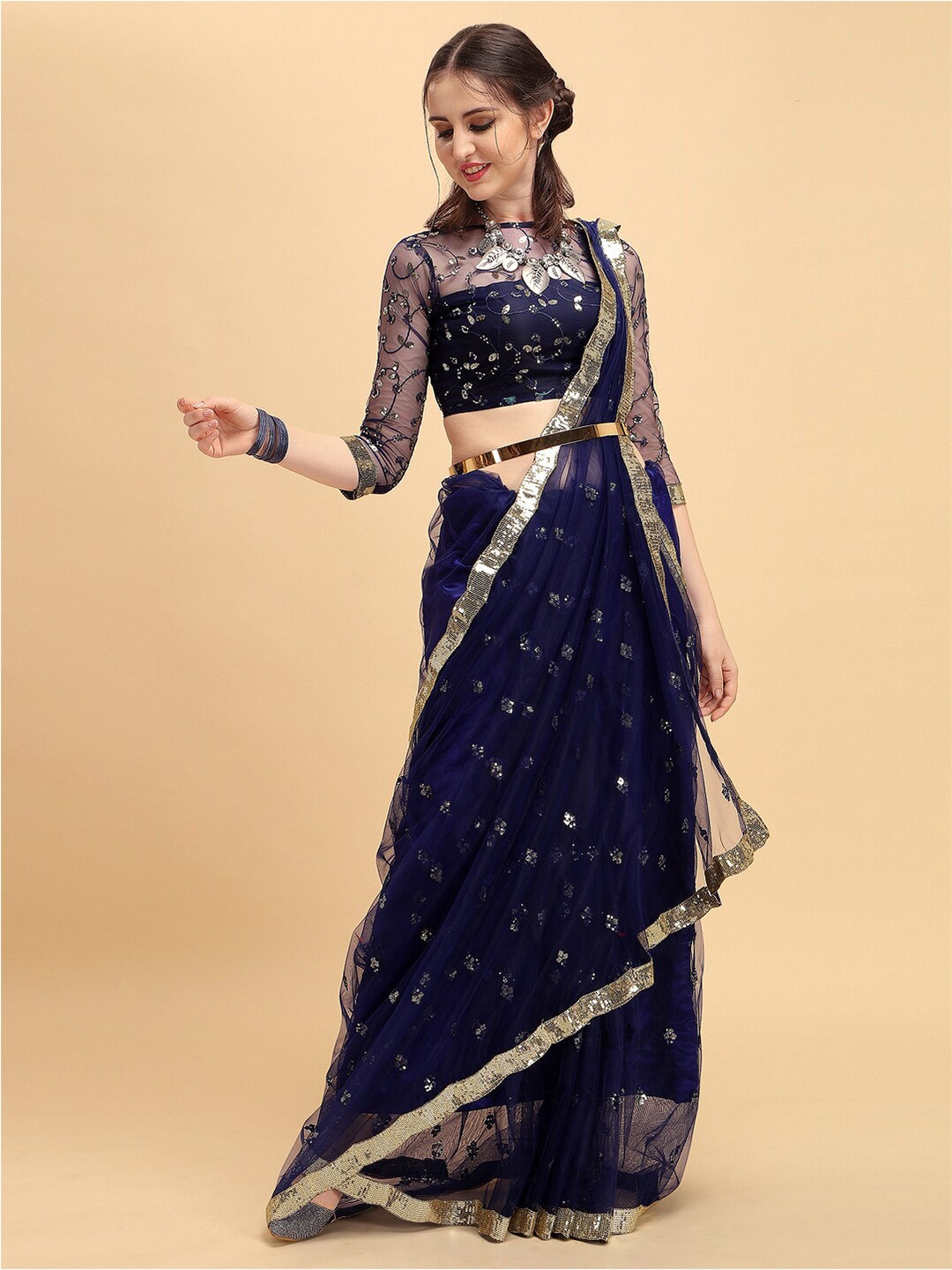 

Sangria Sequined Embellished Supernet Saree, Blue