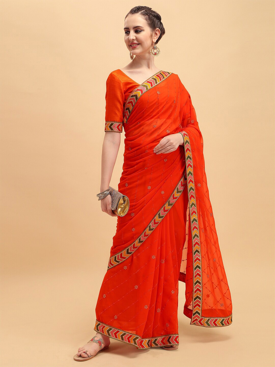 

Sangria Floral Embroidered Pure Georgette Saree, Orange